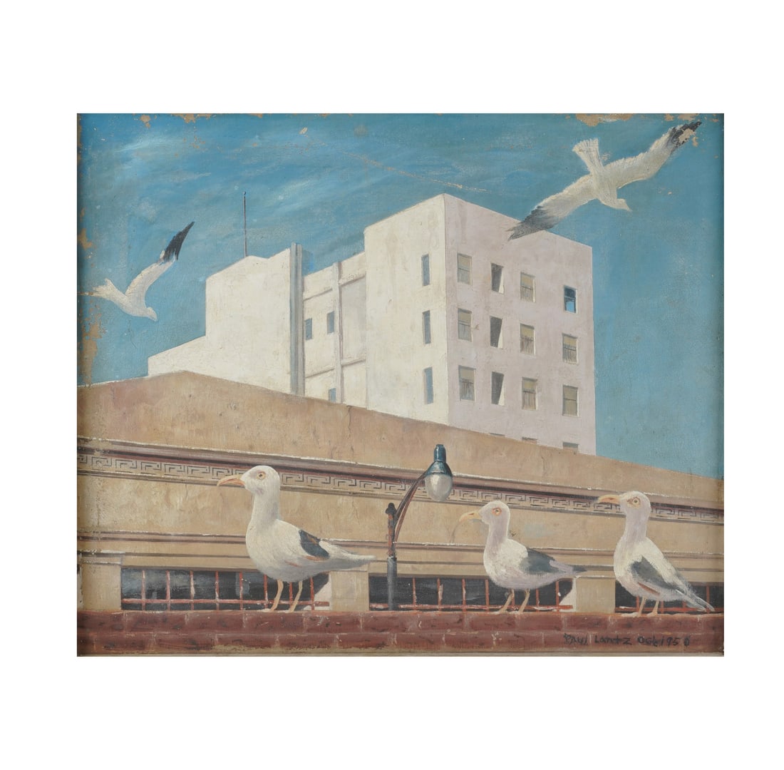Paul Lantz, 1908-2000, Gulls on Rooftop: oil on canvas 1958, signed and dated to the lower right Canvas: 24 1/4 x 20 in. (61.6 x 50.8 cm.), Frame: 31 1/2 x 27 1/2 in. (80 x 69.9 cm.)