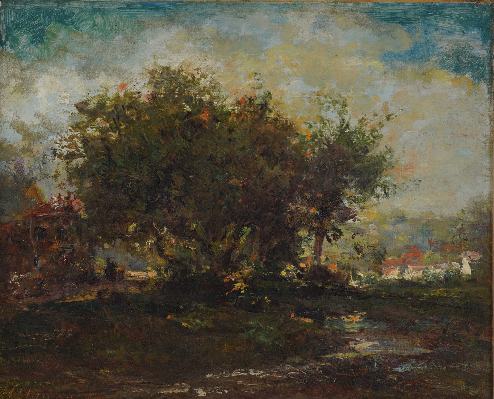 Henri-Joseph Harpignies, French 1819-1916, Sentier a l'oree du bois, au soleil couchant: oil on canvas Signed to the lower left, titled on label to verso Cavas: 10 x 12 1/2 in. (25.4 x 31.8 cm.), Frame: 17 x 19 1/4 in. (43.2 x 48.9 cm.)