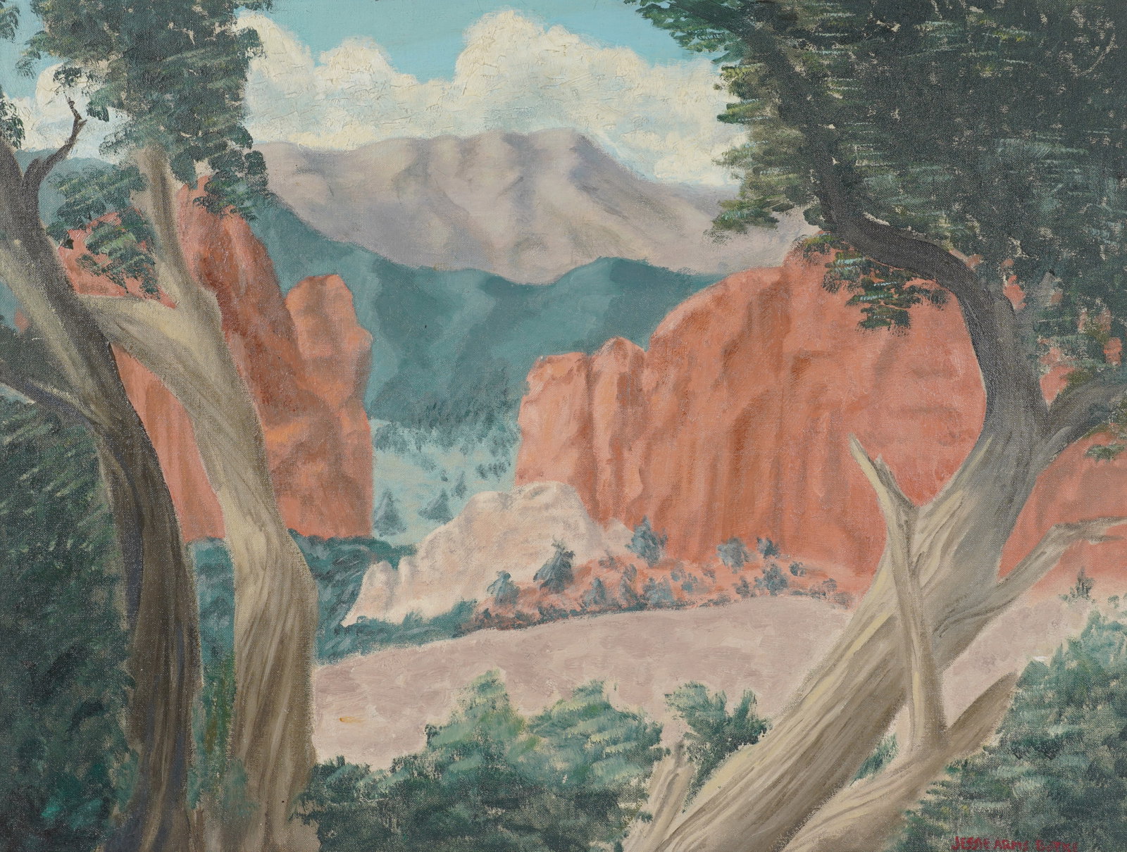 Jessie Arms Botke, 1883-1971, Mountain Landscape: oil and artist board Signed to the lower right Board: 18 x 24 in. (45.7 x 61 cm.), Frame: 22 1/2 x 28 1/2 in. (57.2 x 72.4 cm.)
