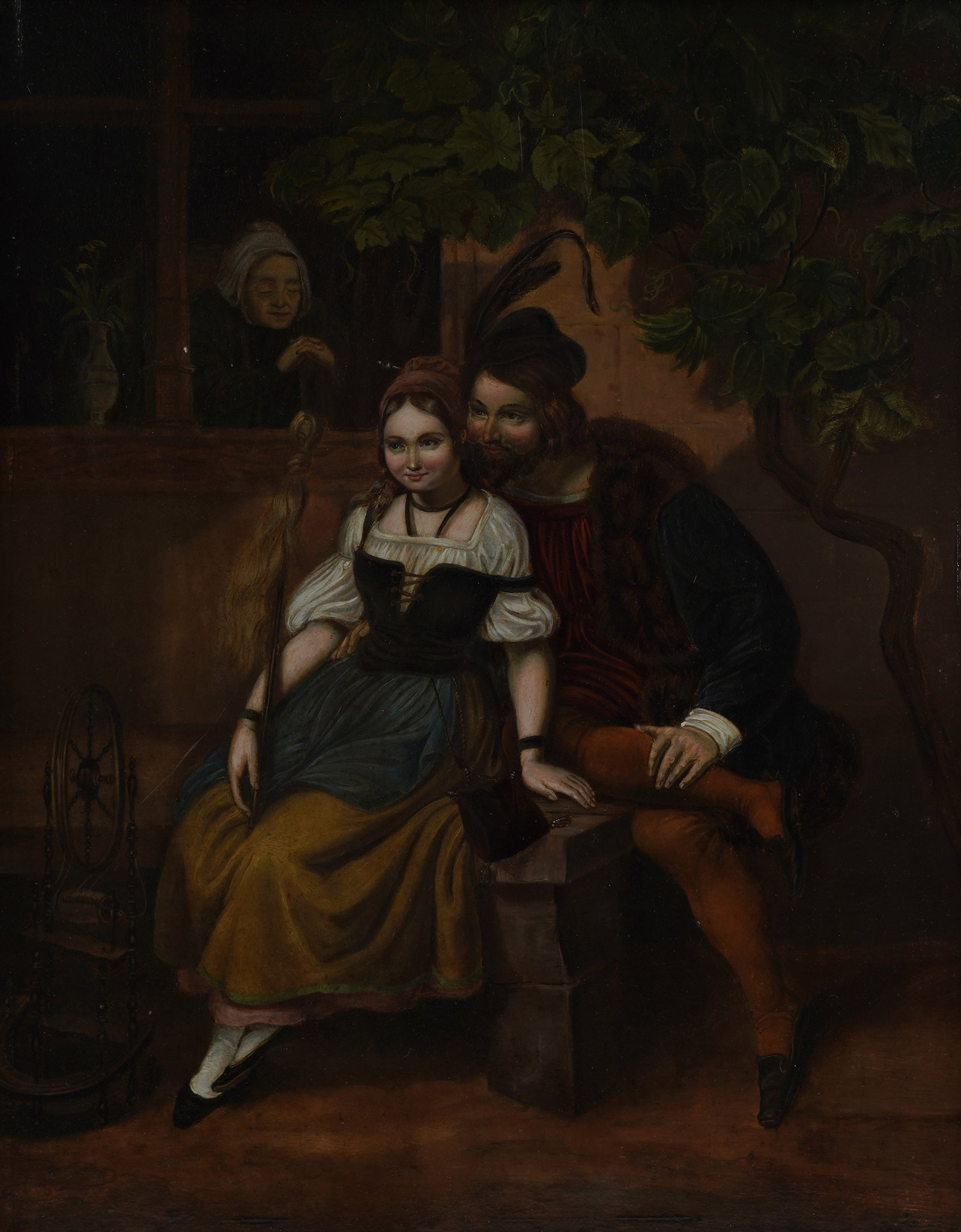 Continental School, Courting Scene: oil on panel, no signature visible Sight: 12 x 9 3/4 in. (30.5 x 24.8 cm.), Frame: 16 x 14 in. (40.6 x 35.6 cm.)