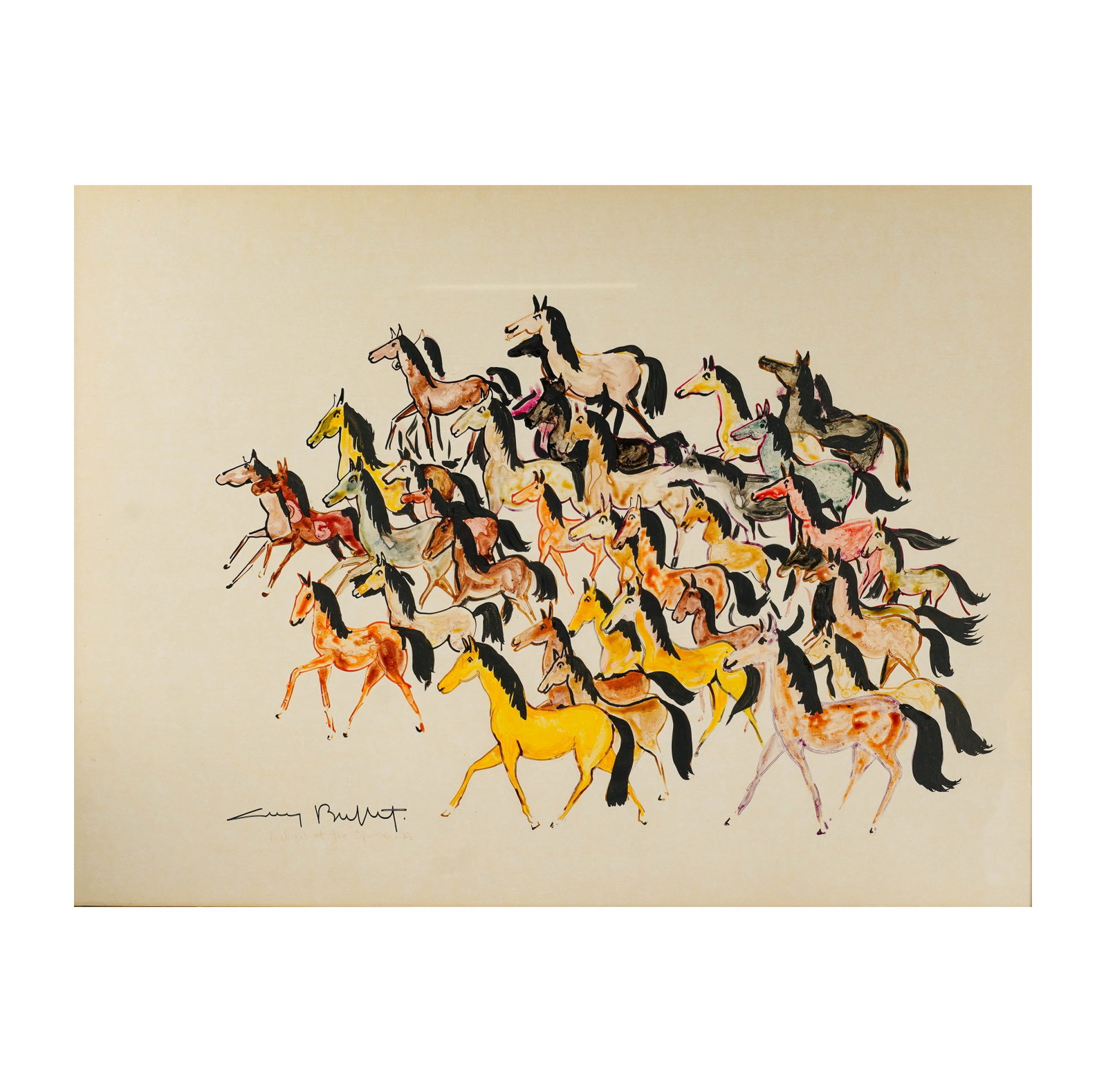 Guy Buffet, Watercolor of Horses: signed lower left Sight: 29 1/2 x 39 1/2 in. (74.9 x 100.3 cm.), Frame: 43 x 33 in. (109.2 x 83.8 cm.)