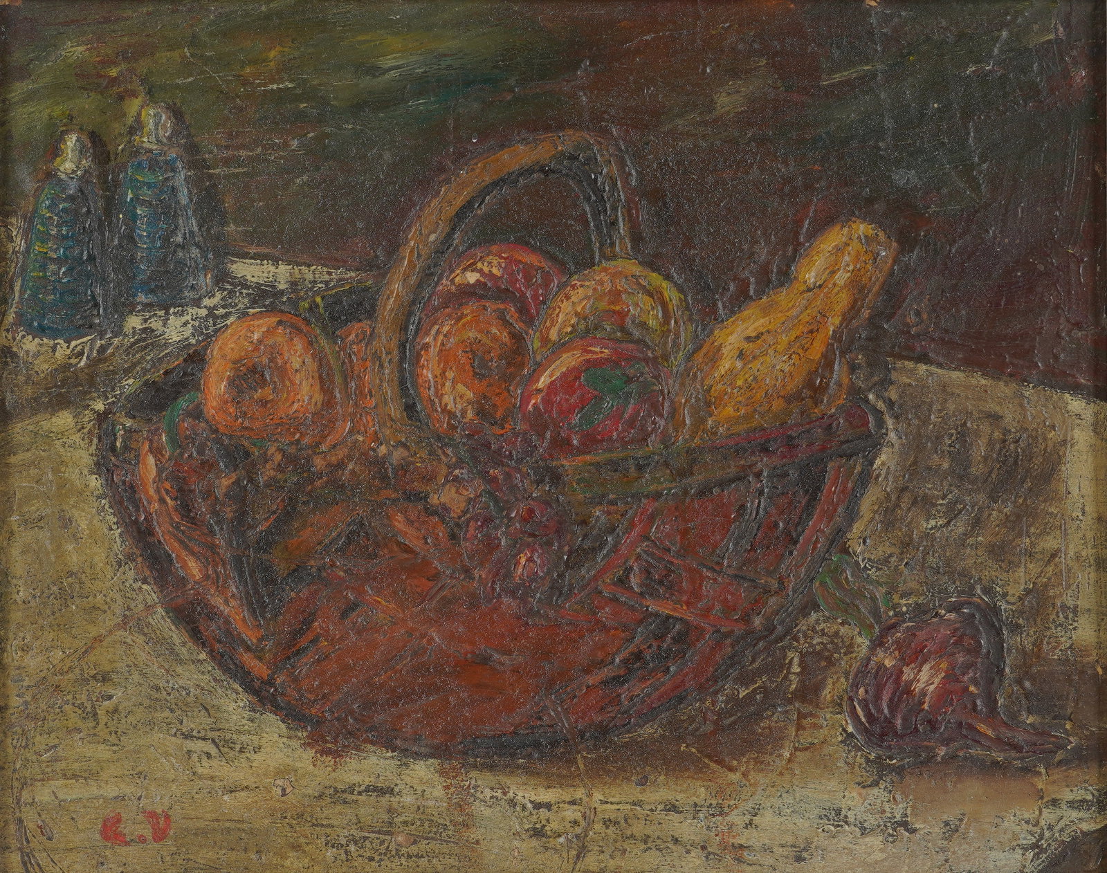 Still Life of Fruit: oil on artist board, signed LV to the lower left Panel: 9 x 11 in. (22.9 x 27.9 cm.), Frame: 13 1/2 x 15 1/2 in. (34.3 x 39.4 cm.)