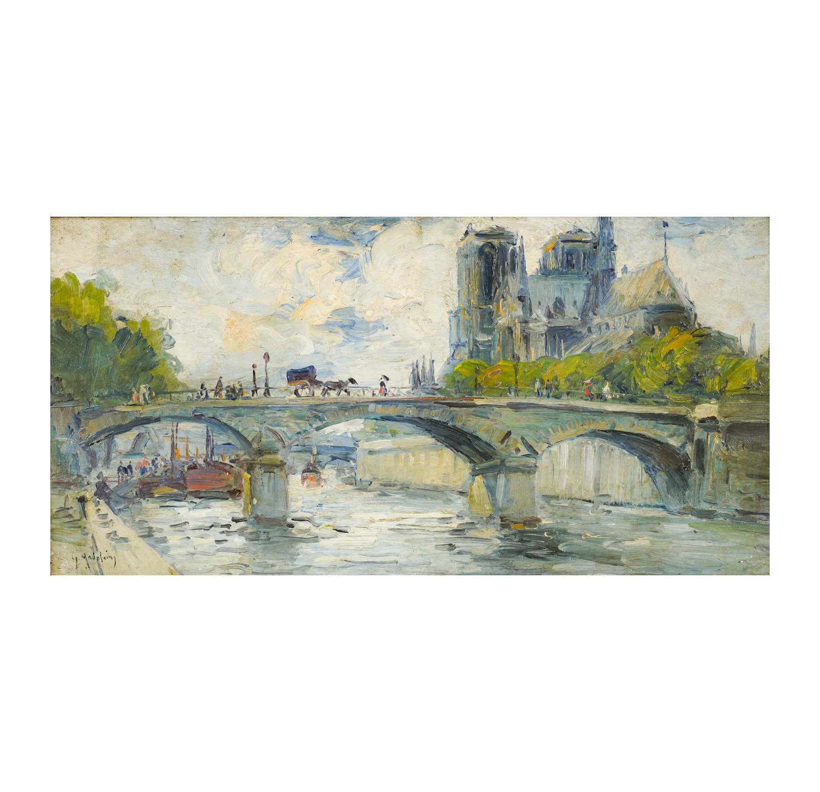 Gustave Madelain, France 1867-1944, Notre-Dame et la Seine: oil on board signed to the lower left 8 1/2 x 17 1/2 in. (21.6 x 44.5 cm.), Frame: 14 x 23 in. (35.6 x 58.4 cm.)