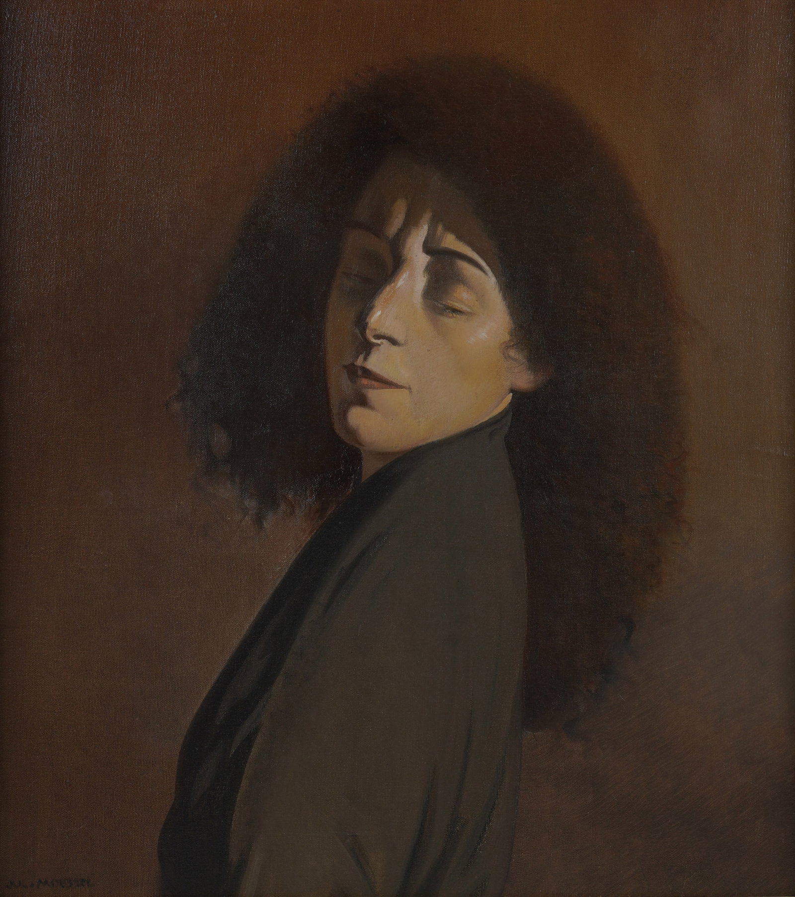 Julius Moessel, 1871-1957, Portrait of a Woman: oil on canvas signed to the lower left Canvas: 21 1/4 x 19 1/4 in. (54 x 48.9 cm.), Frame: 26 1/4 x 24 in. (66.7 x 61 cm.)
