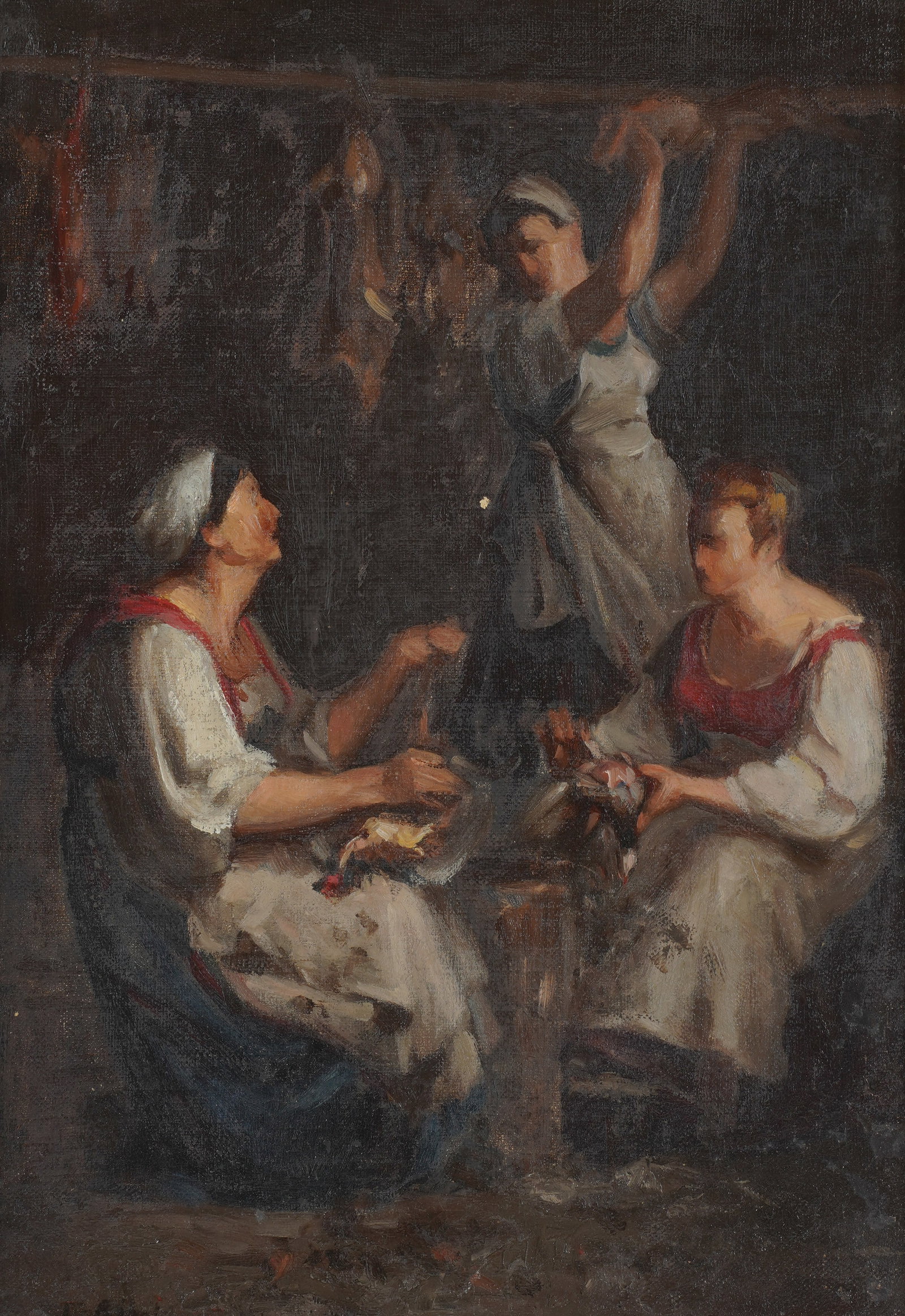 Theodule Ribot, 1823-1891, Peasants Plucking Hens: oil on artist board signed to the lower left Sight: 15 x 10 1/4 in. (38.1 x 26 cm.), Frame: 19 x 14 1/4 in. (48.3 x 36.2 cm.)