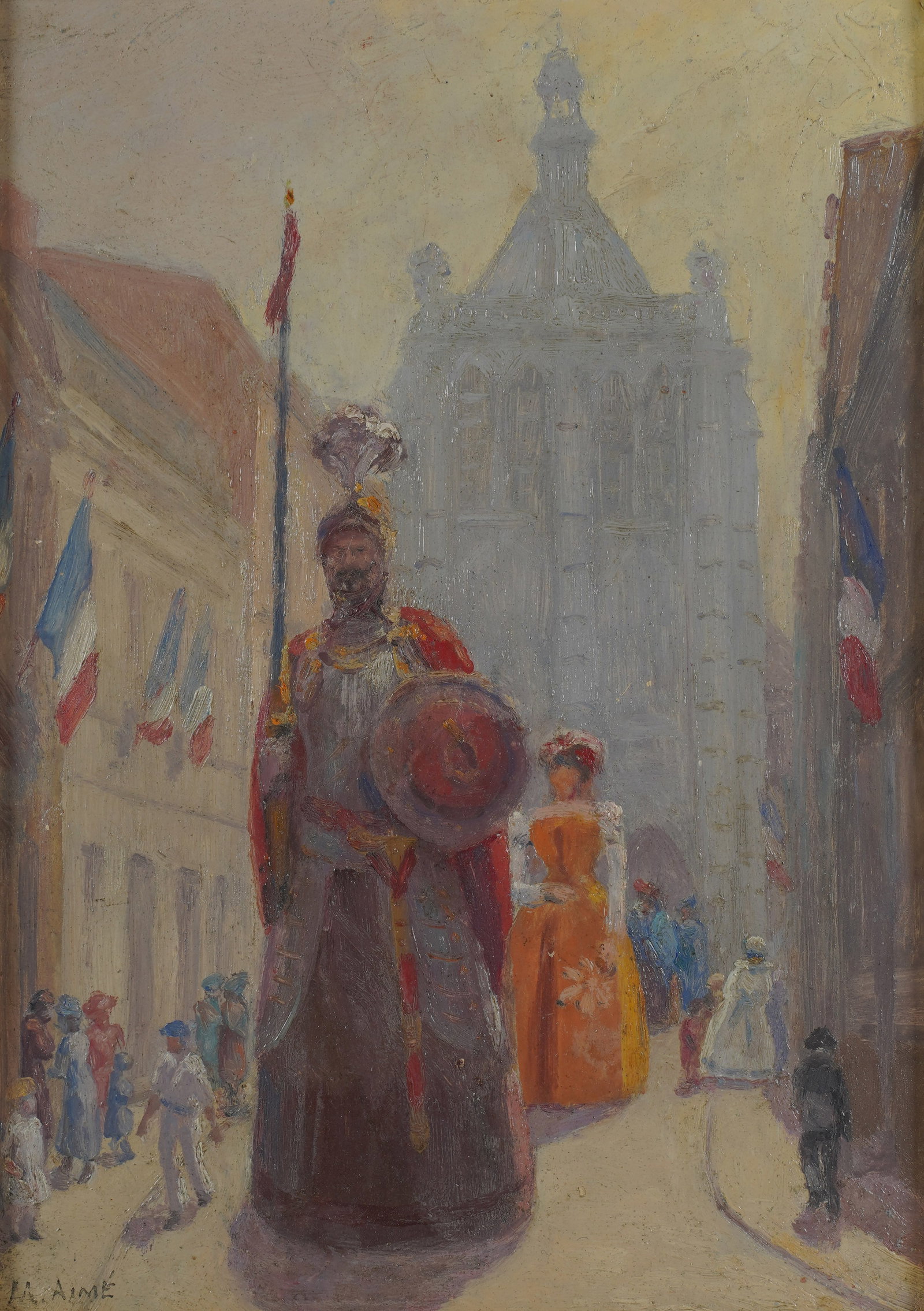 M. Aime, France , Fetes de Gayant: oil on panel signed to the lower left Sight: 10 3/4 x 7 3/4 in. (27.3 x 19.7 cm.), Frame: 15 x 11 1/2 in. (38.1 x 29.2 cm.)