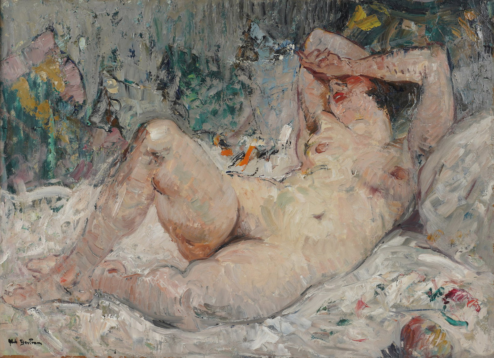 Abel Bertram, 1871-1954, A Reclining Nude: Oil on canvas Signed to the lower left 24 x 32 in. (61 x 81.3 cm.), Frame: 32 3/4 x 41 in. (83.2 x 104.1 cm.)