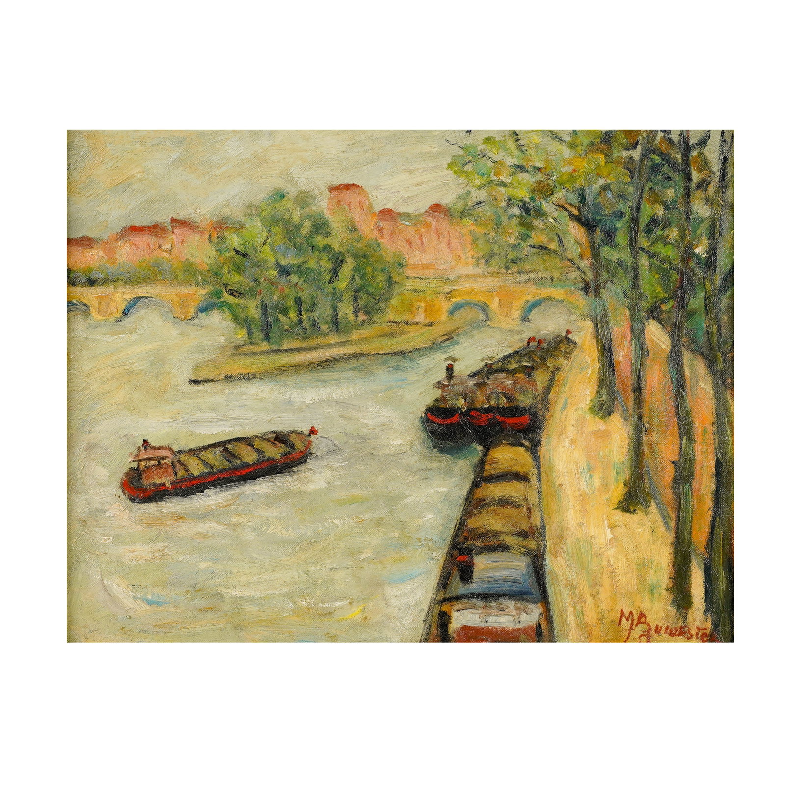 Maxim Bugzester, 1910-1978, Barges at Quayside: oil on canvas signed to the lower right 14 x 18 in. (35.6 x 45.7 cm.), Frame: 22 1/2 x 26 1/2 in. (57.2 x 67.3 cm.)