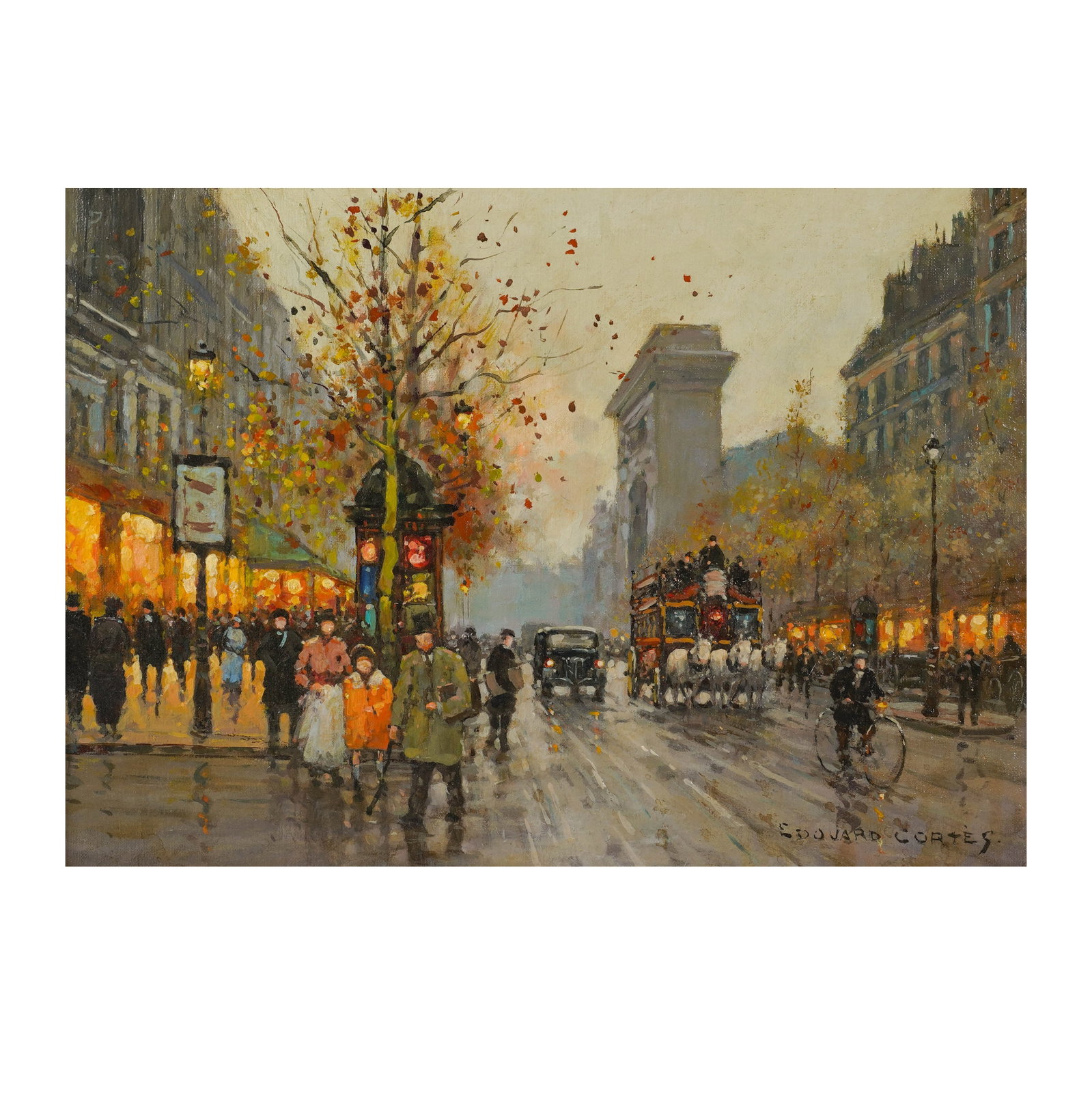 After Edouard-Leon Cortes, French 1882-1969, Parisian Street Scene: oil on canvas signed lower right Canvas: 13 x 18 1/4 in. (33 x 46.4 cm.), Frame: 22 x 27 in. (55.9 x 68.6 cm.)