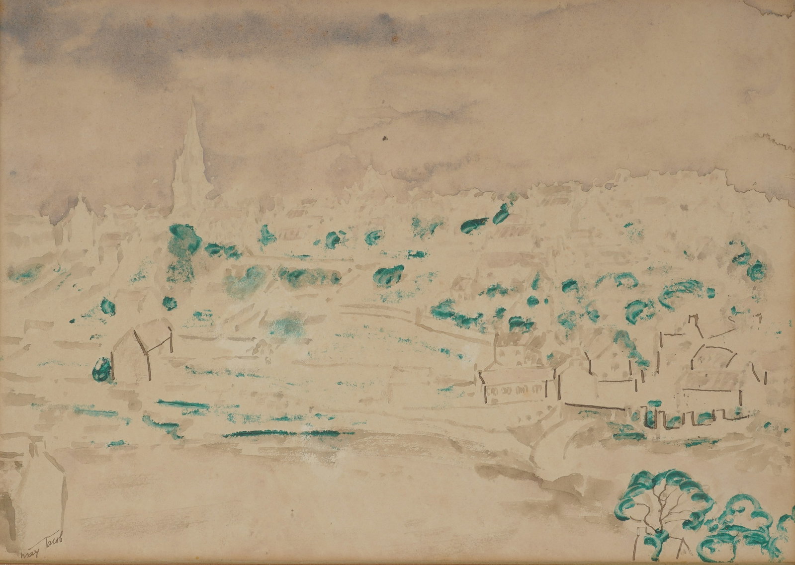 Max Jacob, 1876-1944, City by Water: watercolor Signed to the lower left, titled on the verso, Estate of Arthur B. Davies 1929 stamp on verso Sight: 9 1/2 x 13 1/2 in. (24.1 x 34.3 cm.), Frame: 15 1/2 x 18 1/2 in. (39.4 x 47 cm.)