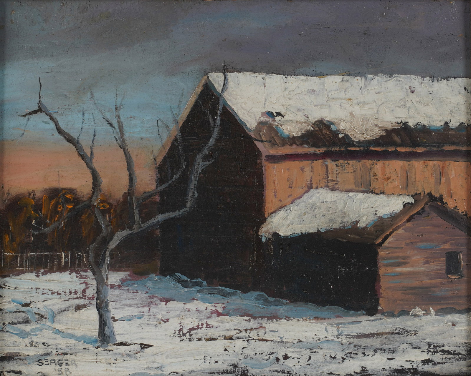 Ronald Seager, 1930-2005, Winter Landscape: oil on Masonite signed to the lower right 8 x 10 in. (20.3 x 25.4 cm.), Frame: 11 1/2 x 13 1/2 in. (29.2 x 34.3 cm.)