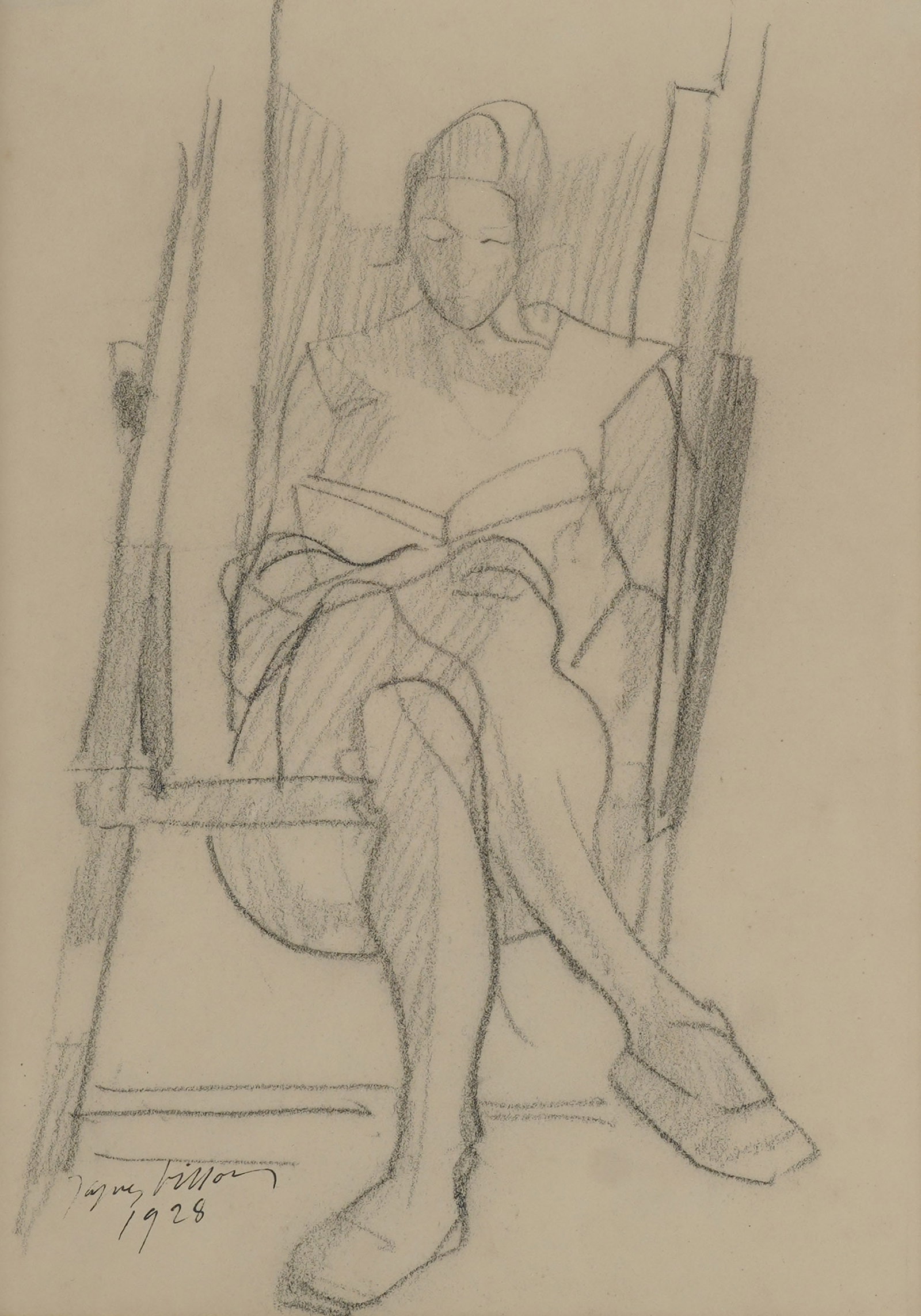 Jacques Villon, French 1875-1963, La Lecture: pencil on paper 1928, signed and dated in ink to the lower left, Galerie Moderne at Brentano's label on verso Sight: 10 1/2 x 7 1/2 in. (26.7 x 19.1 cm.), Frame: 17 x 14 in. (43.2 x 35.6 cm.)