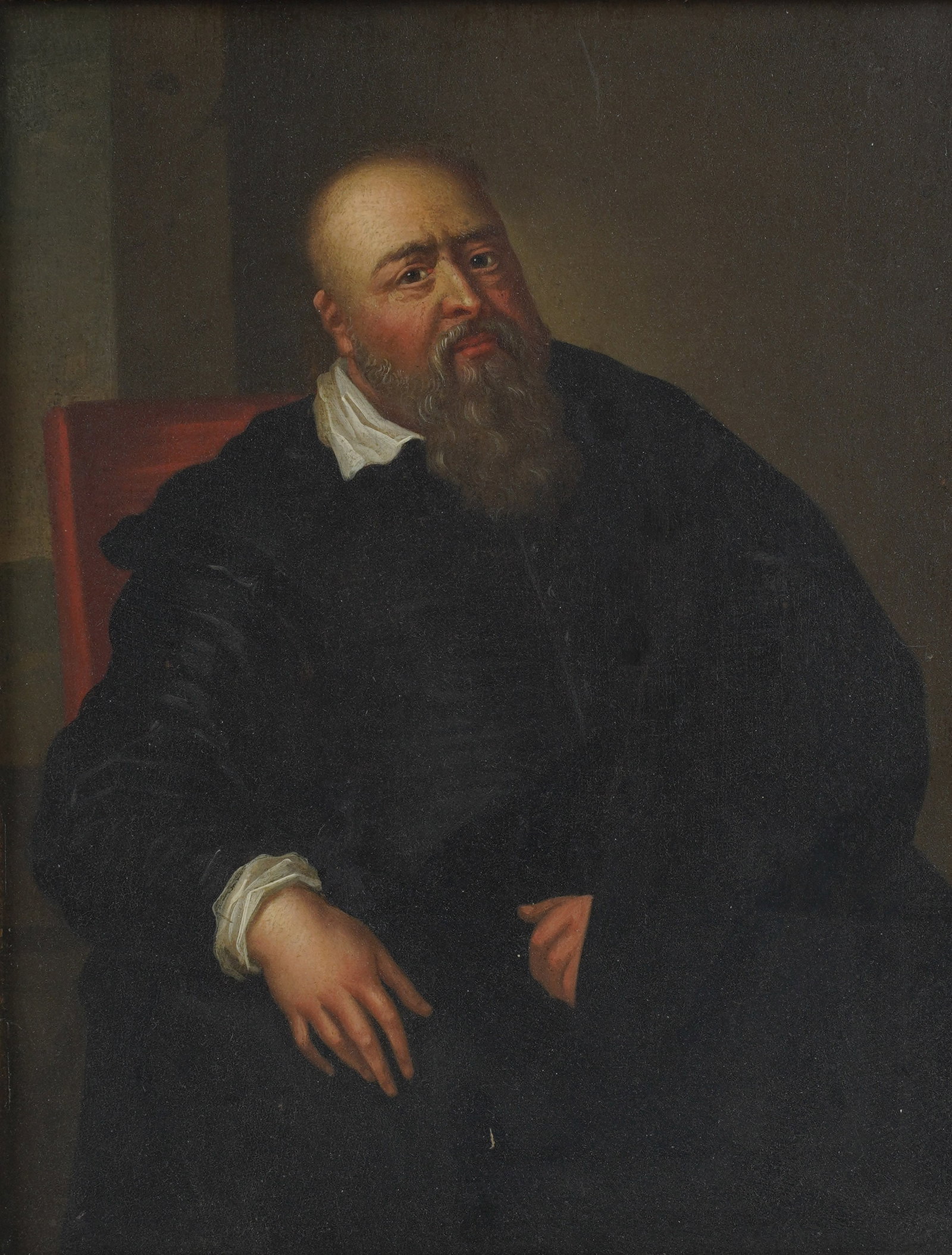 An Old Master Style Portrait: oil on oak panel Panel: 11 x 8 3/4 in. (27.9 x 22.2 cm.), Frame: 15 1/2 x 13 1/4 in. (39.4 x 33.7 cm.)