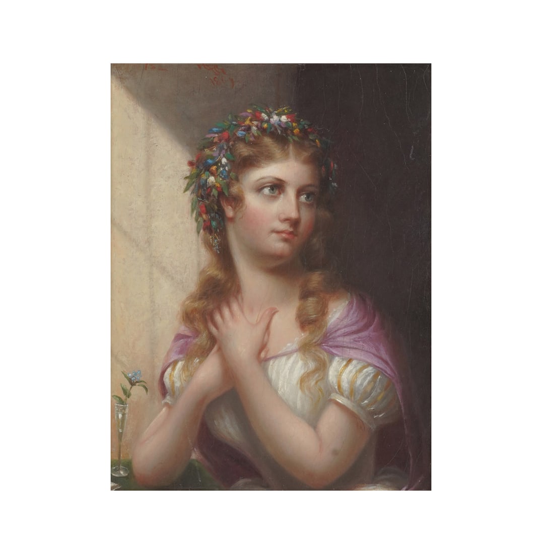 Cephas Giovanni Thompson, 1809-1888, Actress, 1864: oil on canvas 1864, signed and dated to the upper center, Cahoon Museum of American Art exposition label on verso canvas: 10 1/2 x 8 in. (26.7 x 20.3 cm.), Frame: 15 x 12 3/4 in. (38.1 x 32.4 cm.)