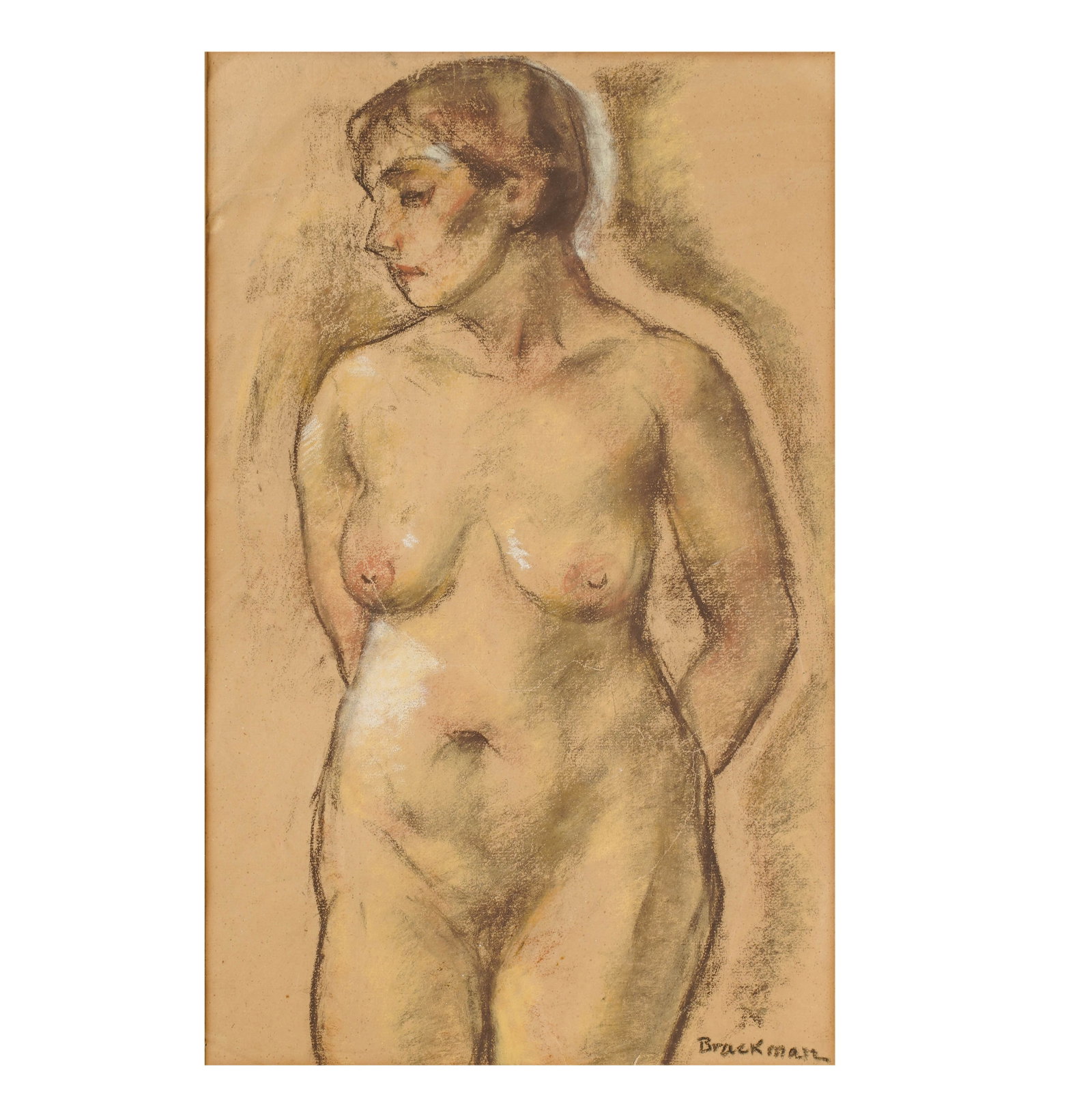 Robert Brackman, 1898-1980, Study of a Nude: Pastel on paper signed to the lower right Sight: 18 1/2 x 11 1/2 in. (47 x 29.2 cm.), Frame: 30 x 21 1/4 in. (76.2 x 54 cm.)