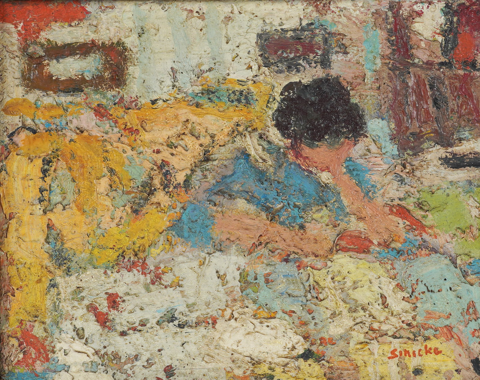 Rene Sinicki, Abstracted Interior Scene: oil on canvas signed to the lower right Canvas: 9 3/4 x 7 3/4 in. (24.8 x 19.7 cm.)