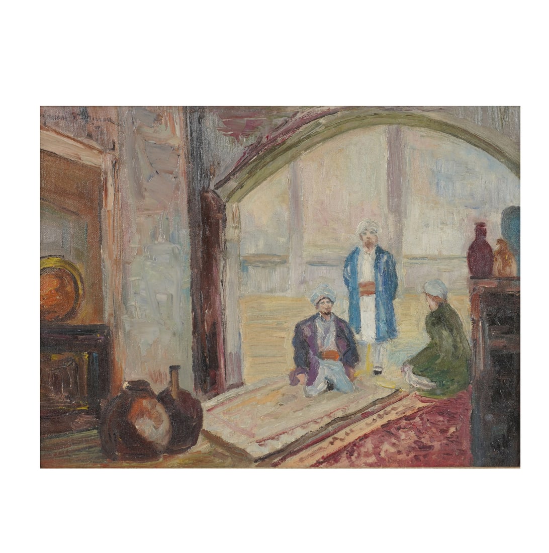 Addison Thomas Millar, 1860-1913, Figures in an Algiers Interior: oil on artist board signed to the upper left 12 x 16 in. (30.5 x 40.6 cm.), Frame: 15 3/4 x 19 3/4 in. (40 x 50.2 cm.)