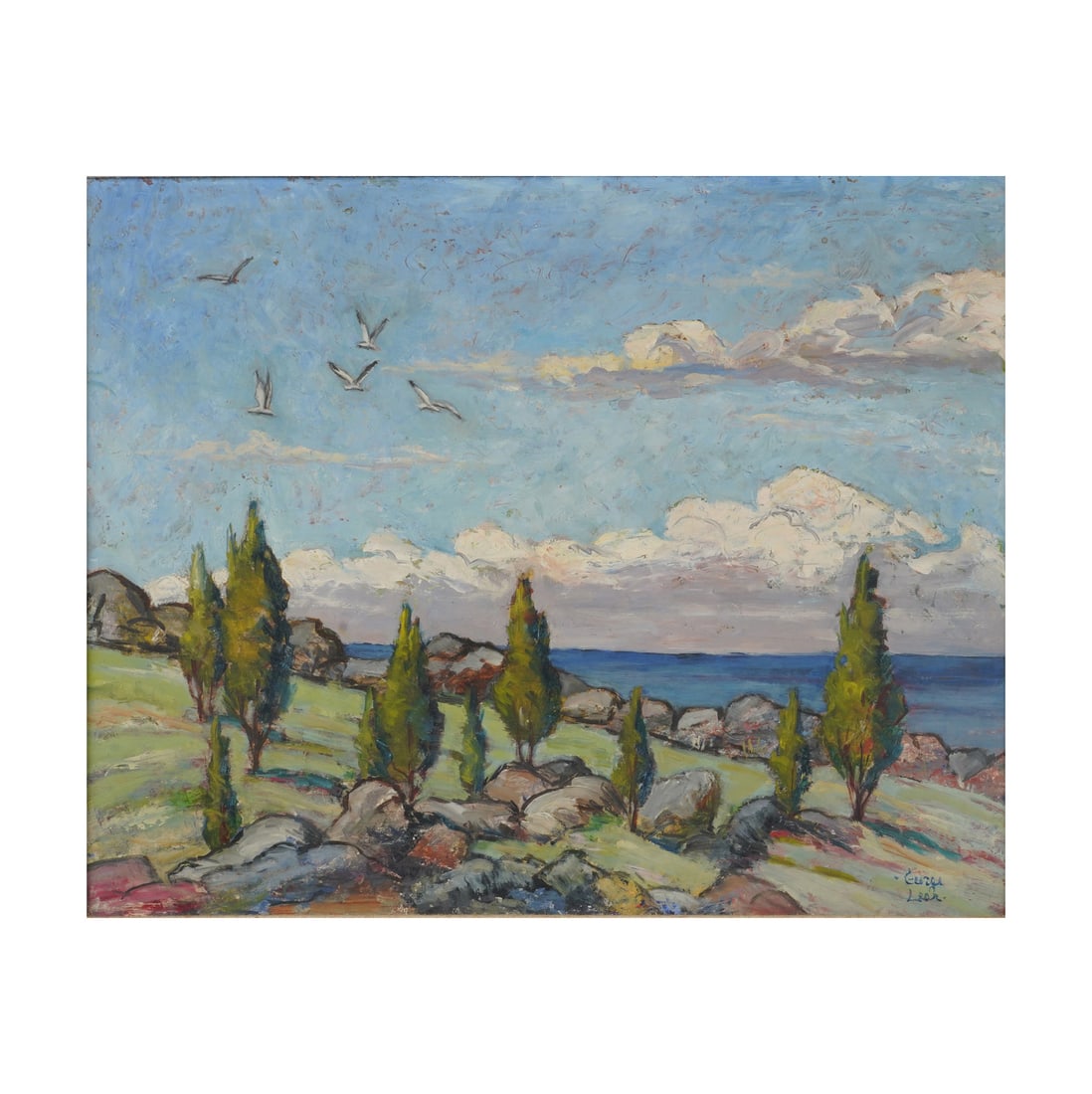 George Lear, 1879-1956, A New England Pasture: oil on Masonite signed to the lower right, The Woodmere Art Gallery label on verso Board: 16 x 20 in. (40.6 x 50.8 cm.), Frame: 23 1/2 x 27 1/4 in. (59.7 x 69.2 cm.)