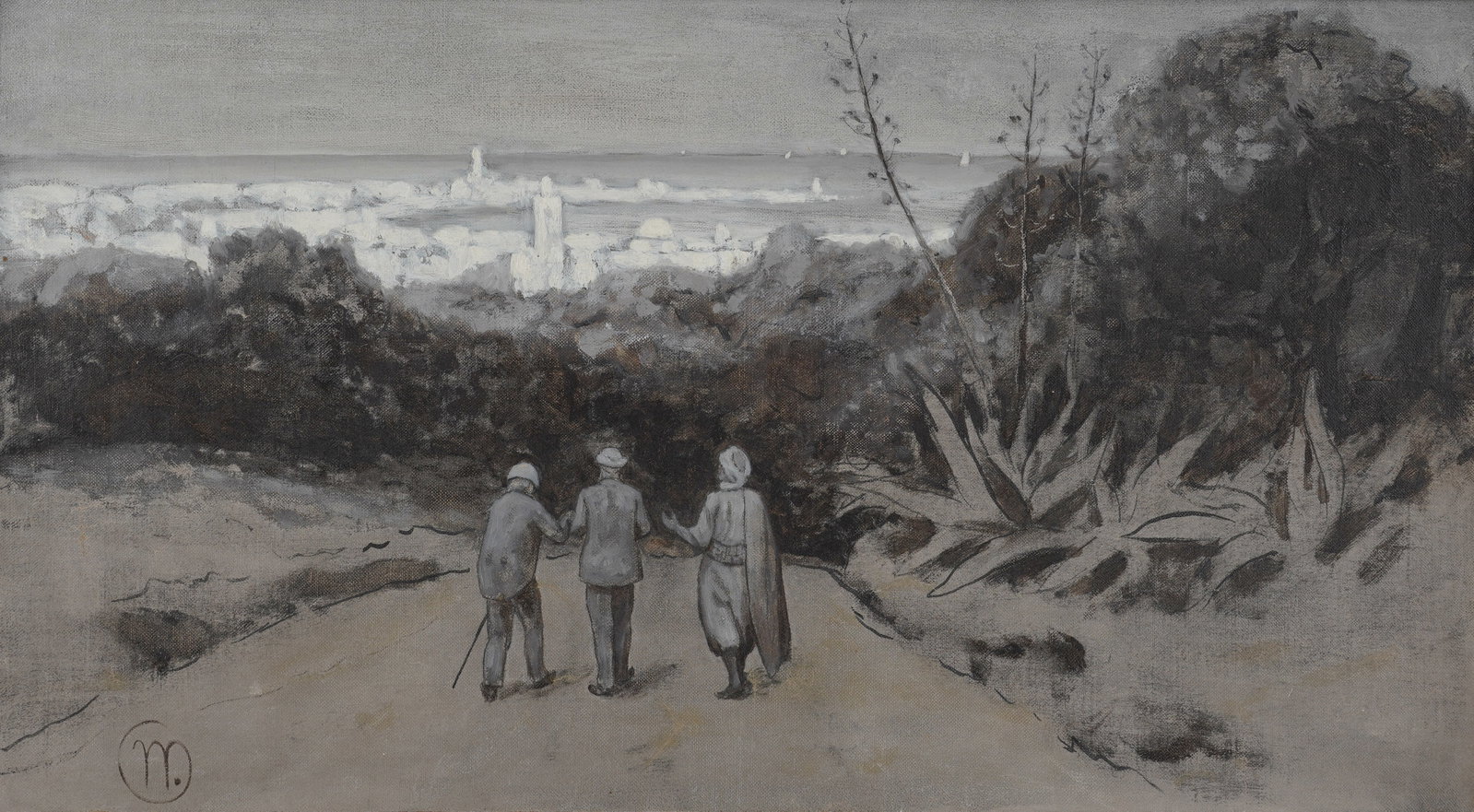 Marcus A Waterman, 1834-1914, Traveling to Mecca: oil on canvas Cipher to the lower left, Boston Graphic Arts Society label on verso Canvas: 11 1/4 x 20 1/4 in. (28.6 x 51.4 cm.), Frame: 18 1/4 x 27 1/4 in. (46.4 x 69.2 cm.)