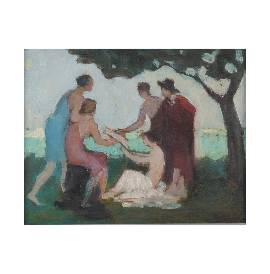 Emile Lecomte, 1866-1938, Bathers in a Landscape: oil on board 1933, signed to the lower right, signed and dated on verso, study in ink on the verso Panel: 12 x 9 3/4 in. (30.5 x 24.8 cm.), Frame: 18 3/4 x 16 1/4 in. (47.6 x 41.3 cm.)