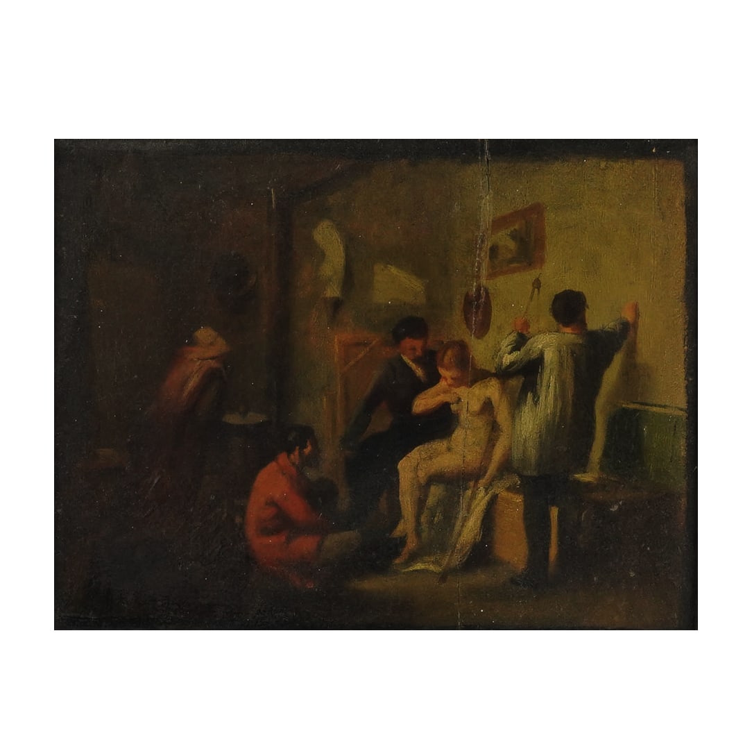 19th Century Studio Scene with Model: no visible signature, Panel: 7.74 x 9 1/2 in. (19.7 x 24.1 cm.), Frame: 15 3/4 x 17 3/4 in. (40 x 45.1 cm.)
