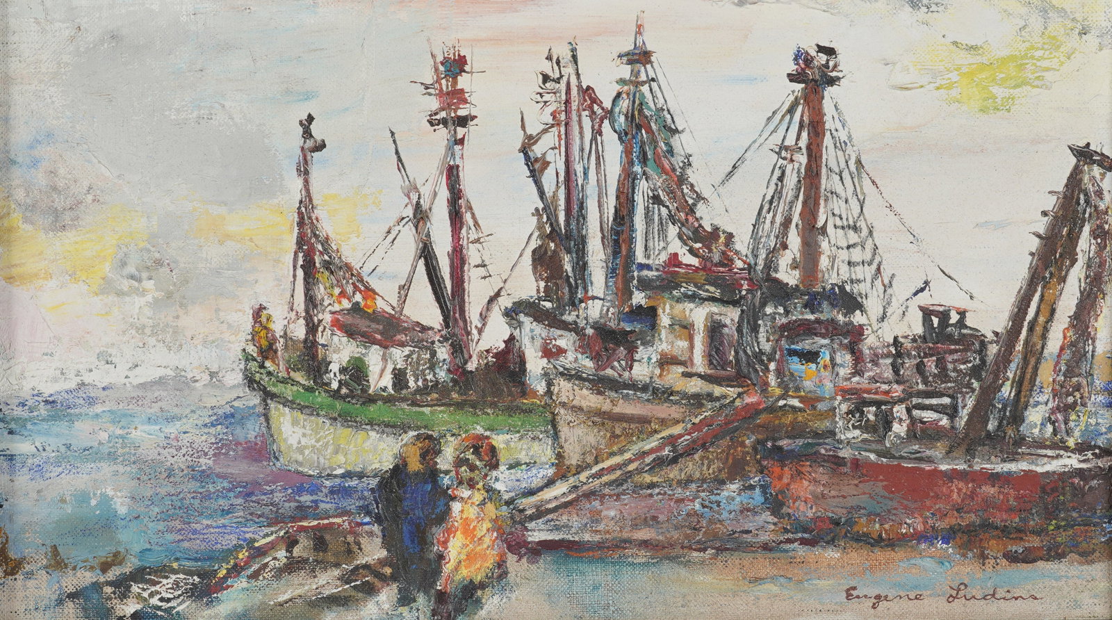 Eugene Ludins, 1904-1996, Boats in Harbor: oil on canvas signed to the lower right Canvas: 9 x 16 1/4 in. (22.9 x 41.3 cm.), Frame: 15 1/2 x 22 1/2 in. (39.4 x 57.2 cm.)