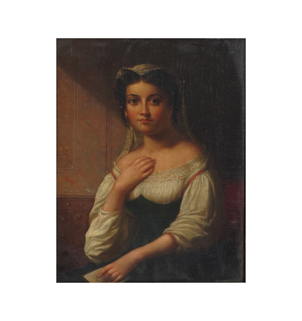 Cephas Giovanni Thompson, 1809-1888, Woman From Italy: oil on canvas c. 1852-1858, signed to left center, Cahoon Museum of American Art exhibition label to verso canvas: 12 1/4 x 9 1/4 in. (31.1 x 23.5 cm.), Frame: 19 1/2 x 17 in. (49.5 x 43.2 cm.)