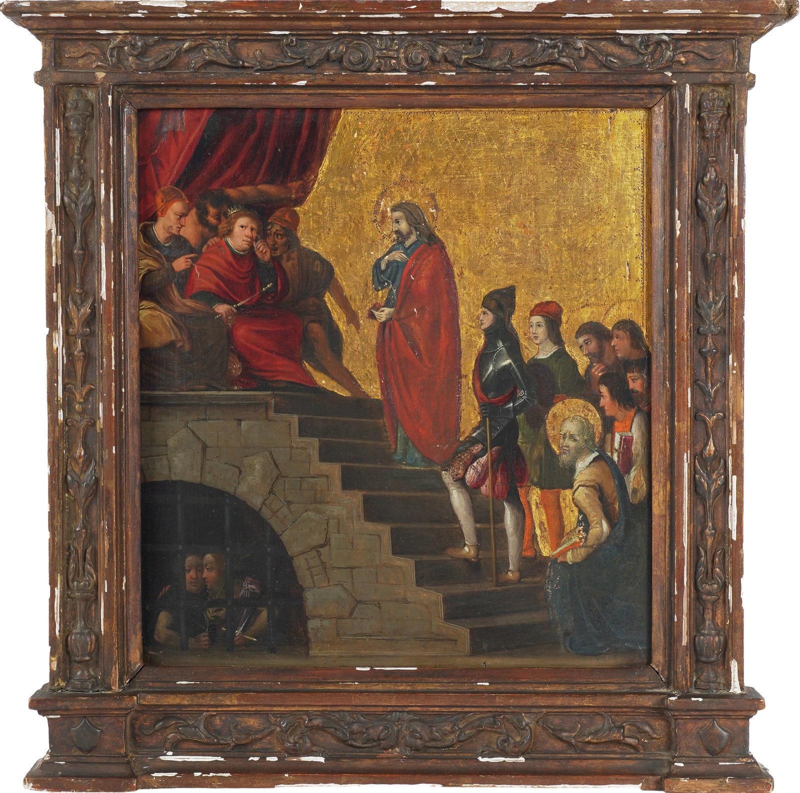 Catalan School: Christ Before Pilate: Tempera and gold leaf on panel, no visible signature 12 x 12 in. (30.5 x 30.5 cm.), Frame: 16 x 16 in. (40.6 x 40.6 cm.)