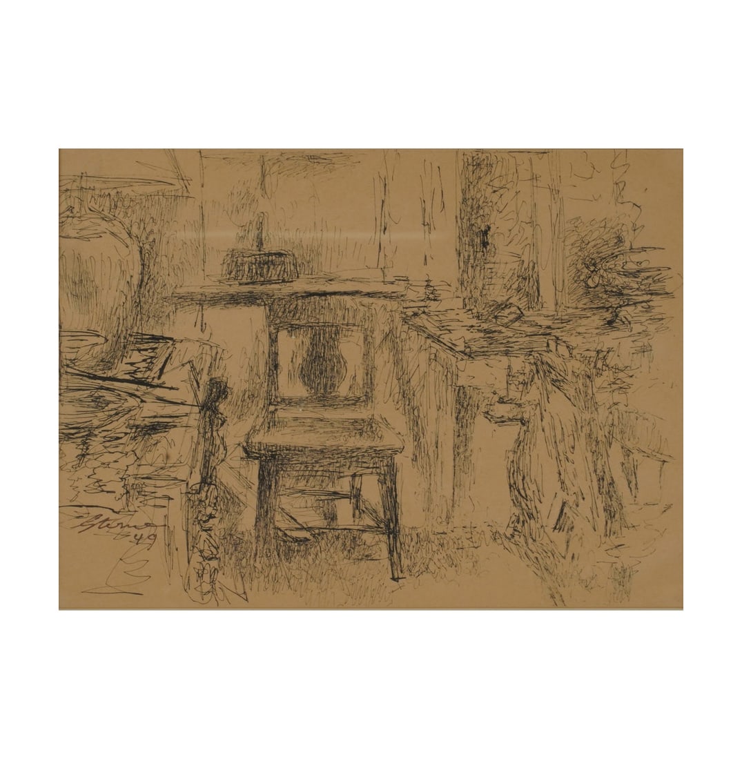 Maurice Sterne, American 1878-1957, Interior Ink Drawing: ink on paper 1949, signed and dated to the lower left, Grand Central Art Galleries label to the verso sight : 9 1/2 x 12 in. (24.1 x 30.5 cm.), Frame: 18 1/4 x 21 in. (46.4 x 53.3 cm.)