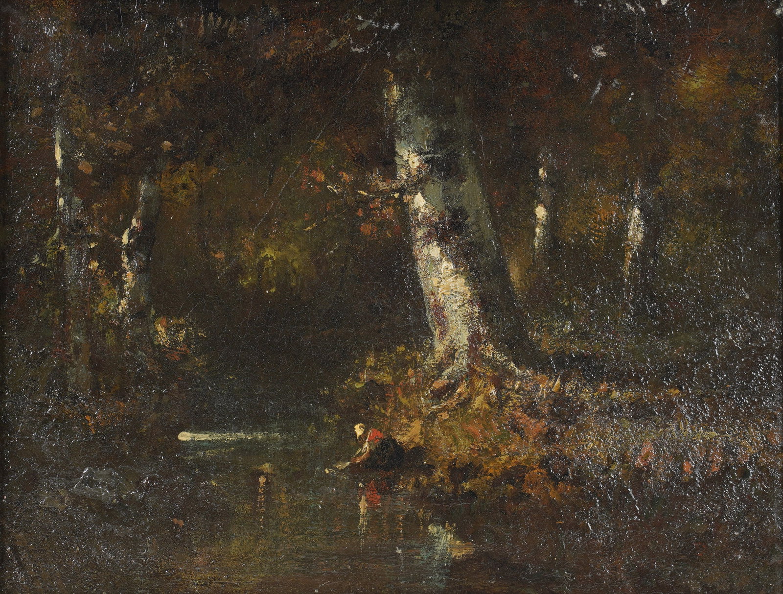 Narcisse Diaz, French 1807-1876, Landscape with a Figure: oil on artist board signed to the lower right 10 1/2 x 13 3/4 in. (26.7 x 34.9 cm.), Frame: 16 1/4 x 19 1/4 in. (41.3 x 48.9 cm.)