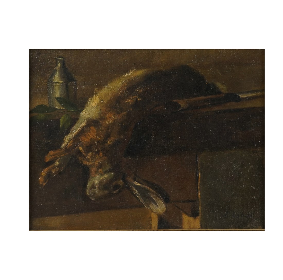 Augustin Theodule Ribot, French 1823-1891, Hare Hunting Trophy: oil on canvas signed to the lower right canvas: 10 3/4 x 14 in. (27.3 x 35.6 cm.), Frame: 13 3/4 x 16 3/4 in. (34.9 x 42.5 cm.)