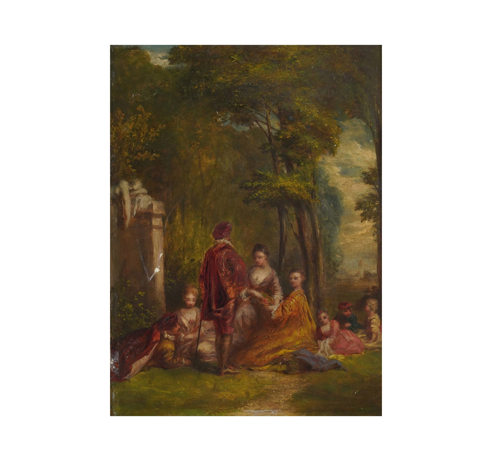 A Continental Courting Scene: oil on board, no visible signature Panel: 11 1/4 x 15 in. (28.6 x 38.1 cm.), Frame: 19 1/4 x 15 1/2 in. (48.9 x 39.4 cm.)