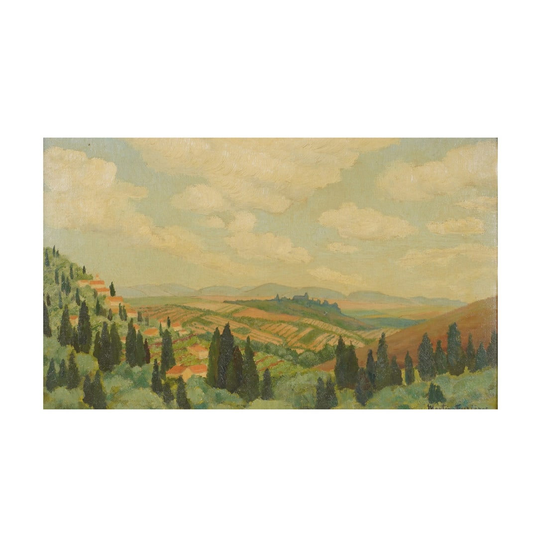 Jacques Martin-Ferrieres, France 1893-1972, Landscape in Catalonia: oil on board signed to the lower right Sight: 9 1/2 x 15 1/2 in. (24.1 x 39.4 cm.), Frame: 16 1/4 x 22 1/4 in. (41.3 x 56.5 cm.)