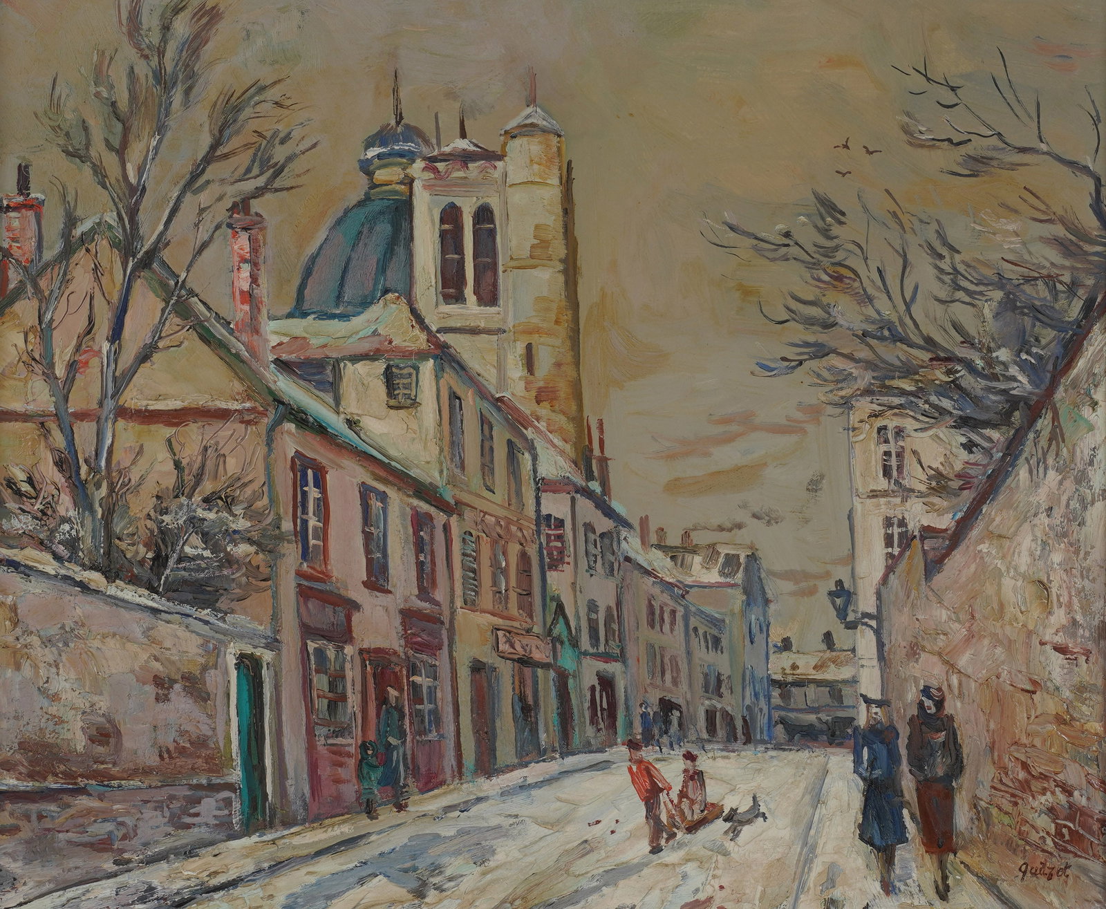 Alphonse Leon Quizet, French 1885-1955, Parisian Street Scene: oil on Masonite signed to the lower right 15 1/4 x 18 in. (38.7 x 45.7 cm.), Frame: 22 1/2 x 25 3/4 in. (57.2 x 65.4 cm.)