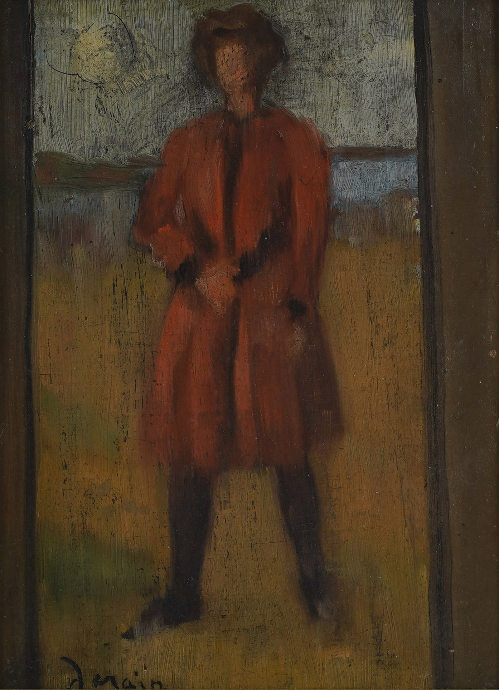 Figure in Red Coat: oil on board, signed to the lower left 10 1/2 x 8 in. (26.7 x 20.3 cm.), Frame: 13 1/4 x 11 1/4 in. (33.7 x 28.6 cm.)