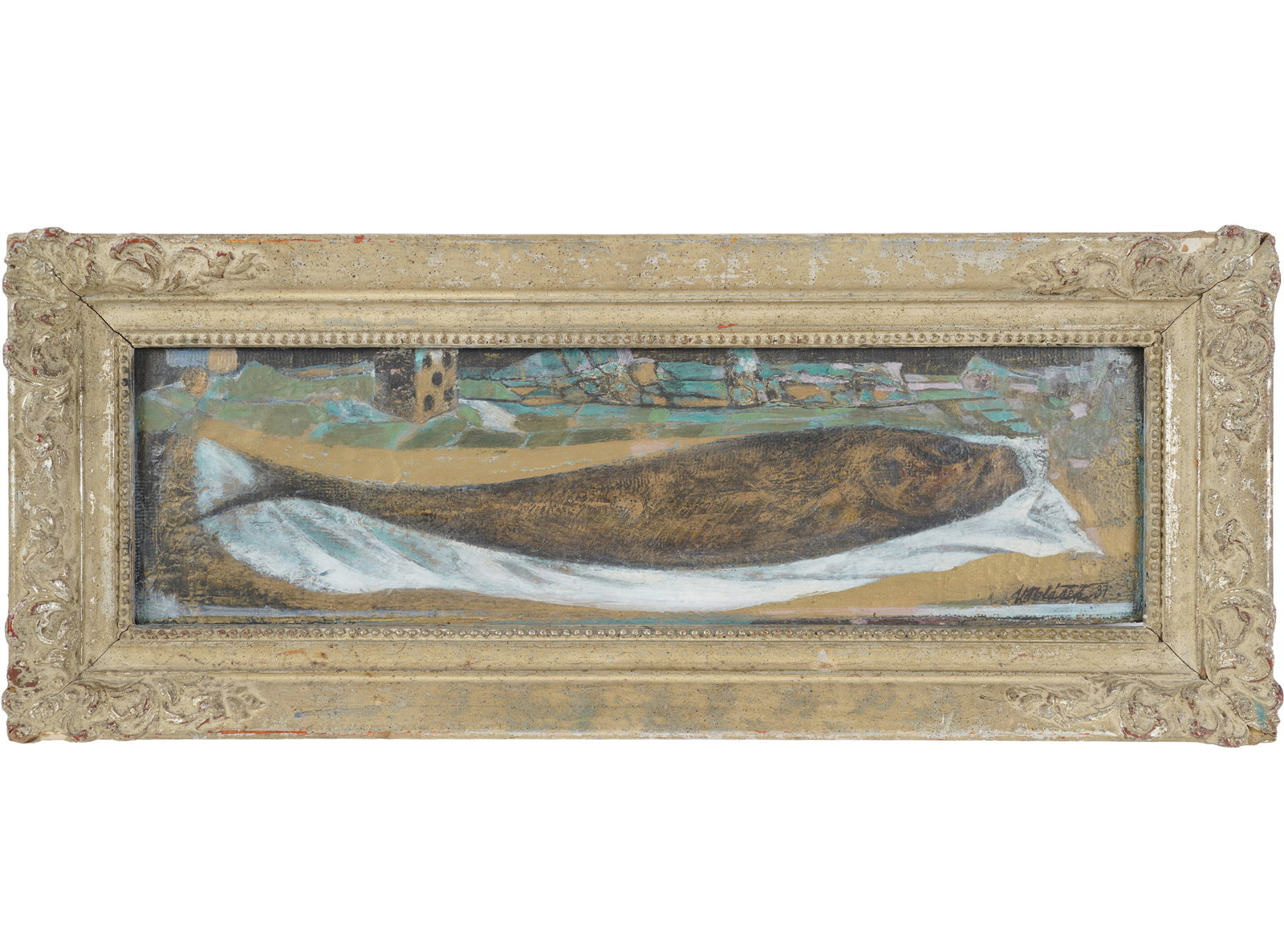 Viktor Polasek, Fish Still Life: Oil on Masonite 1937, signed and dated to the lower right 5 x 18 in. (12.7 x 45.7 cm.), Frame: 8 3/4 x 21 1/2 in. (22.2 x 54.6 cm.)
