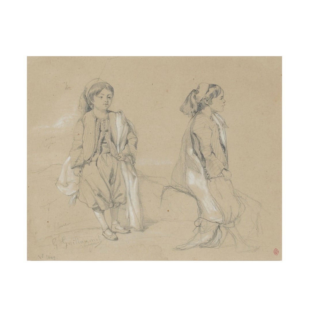 Gustave Guillaumet, 1840-1887, A Study of Two Orientalist Children: pencil and white chalk on paper signed to the lower left Sheet: 9 x 11 in. (22.9 x 27.9 cm.), Frame: 17 1/4 x 19 1/4 in. (43.8 x 48.9 cm.)