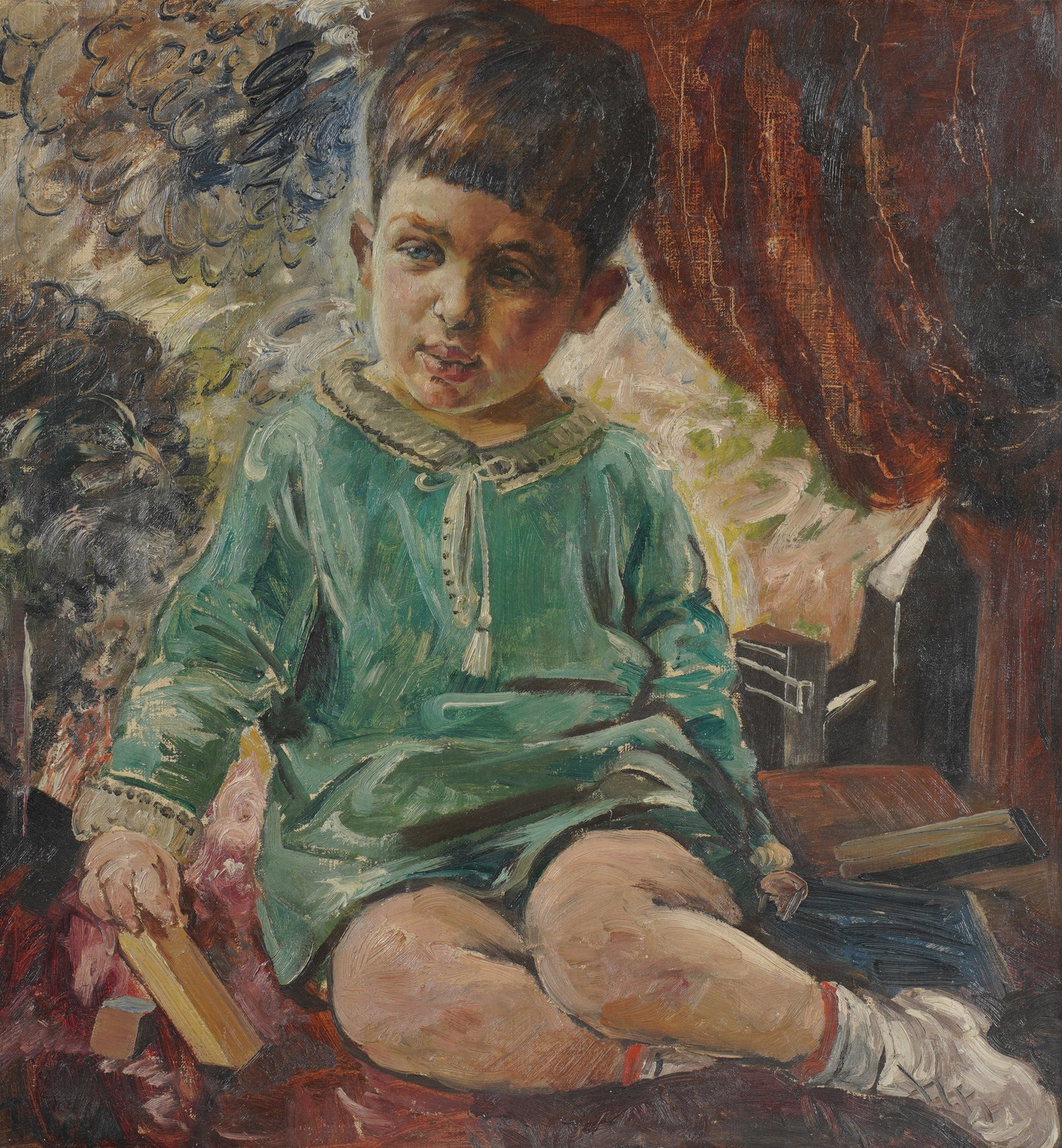 A Portrait of a Boy: oil on canvas, illegibly signed to lower left 25 3/4 x 23 3/4 in. (65.4 x 60.3 cm.), Frame: 32 x 30 in. (81.3 x 76.2 cm.)