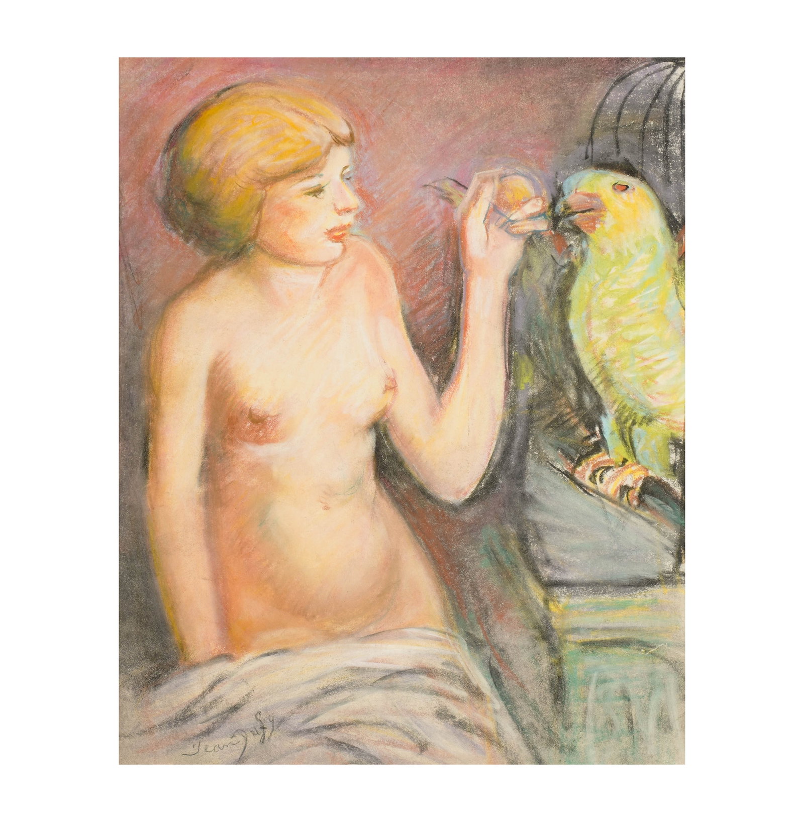 Nude with Parrot: Pastel on paper, signed to the lower right 12 1/2 x 10 in. (31.8 x 25.4 cm.), Frame: 20 1/2 x 18 3/4 in. (52.1 x 47.6 cm.)