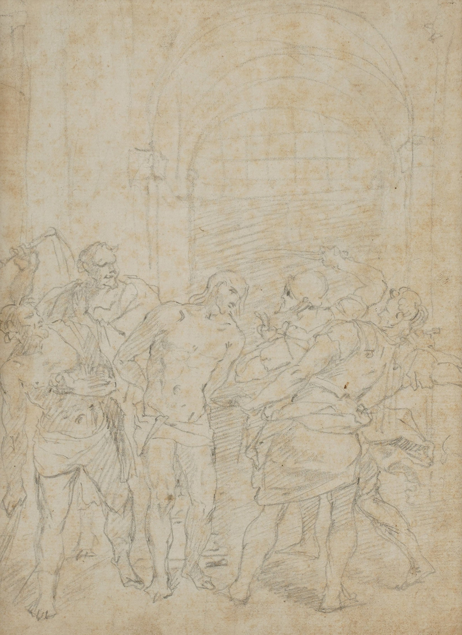 Italian School: 17th Century Study, The Flogging of Christ: pencil on paper Sight: 9 1/4 x 6 3/4 in. (23.5 x 17.1 cm.), Frame: 18 1/2 x 16 in. (47 x 40.6 cm.)