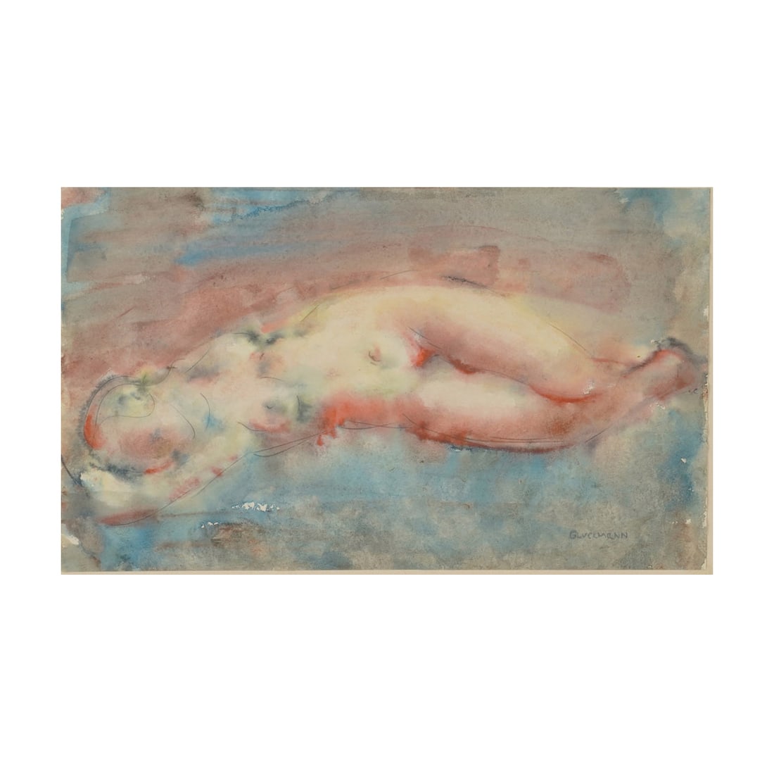 Grigory Gluckmann, California/Russia 1898-1973, Reclining Nude: watercolor on paper signed to the lower right Sheet: 13 3/4 x 8 1/4 in. (34.9 x 21 cm.), Frame: 30 1/4 x 24 in. (76.8 x 61 cm.)