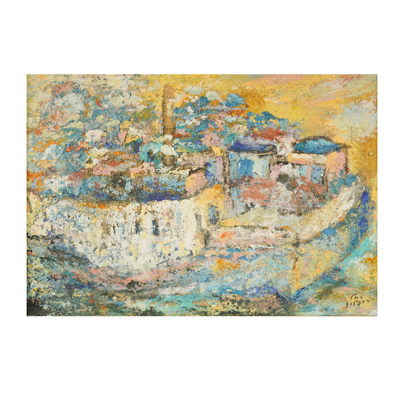 An Abstract Cityscape: oil on board, signed to the lower right Sight: 12 1/4 x 18 in. (31.1 x 45.7 cm.), Frame: 15 1/2 x 21 in. (39.4 x 53.3 cm.)