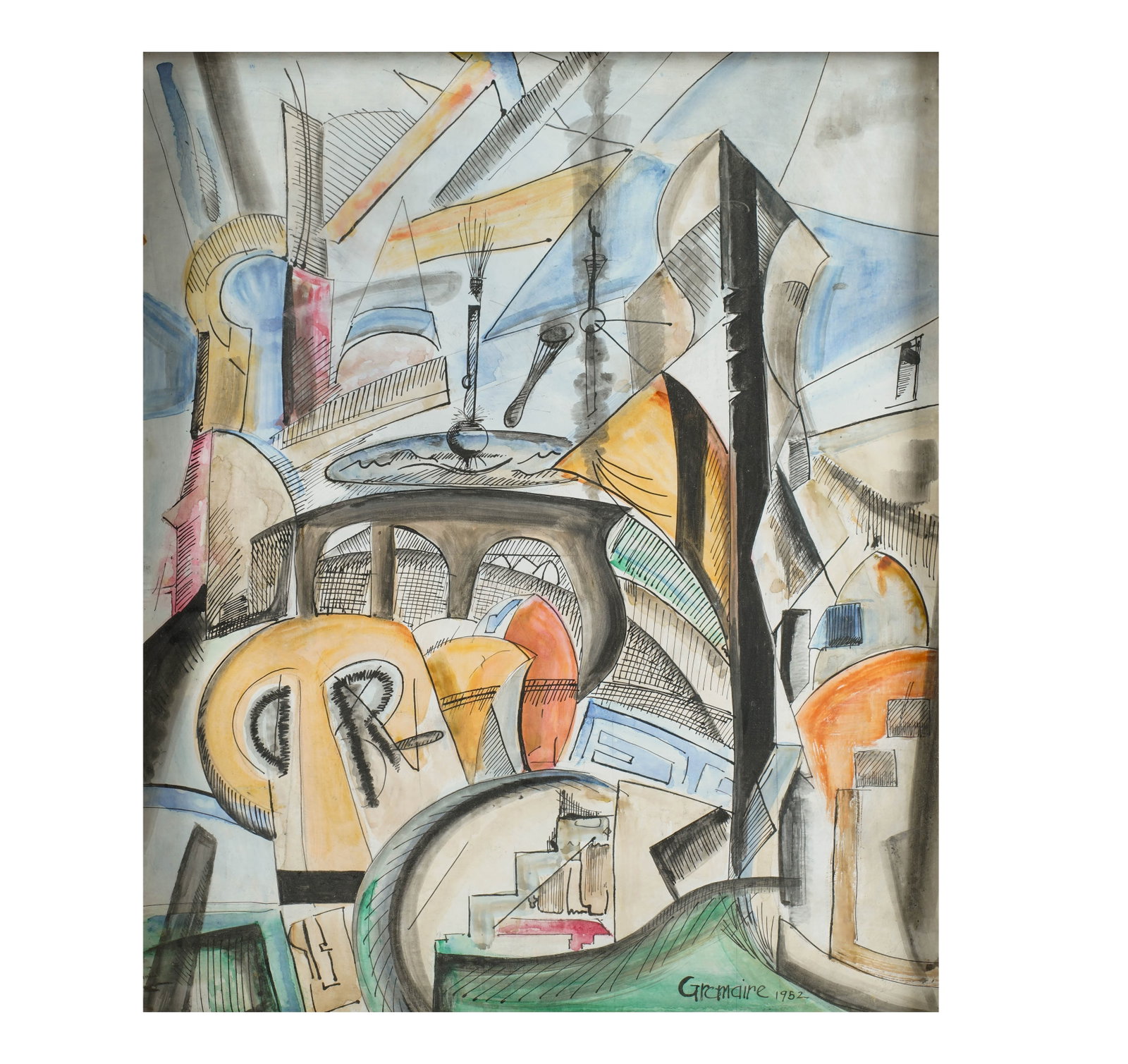 Marcel Gromaire, French 1892-1971, Abstract Architectural Landscape: watercolor and ink on paper 1952, signed and dated to the lower left 23 x 19 in. (58.4 x 48.3 cm.), Frame: 23 1/2 x 19 3/4 in. (59.7 x 50.2 cm.)