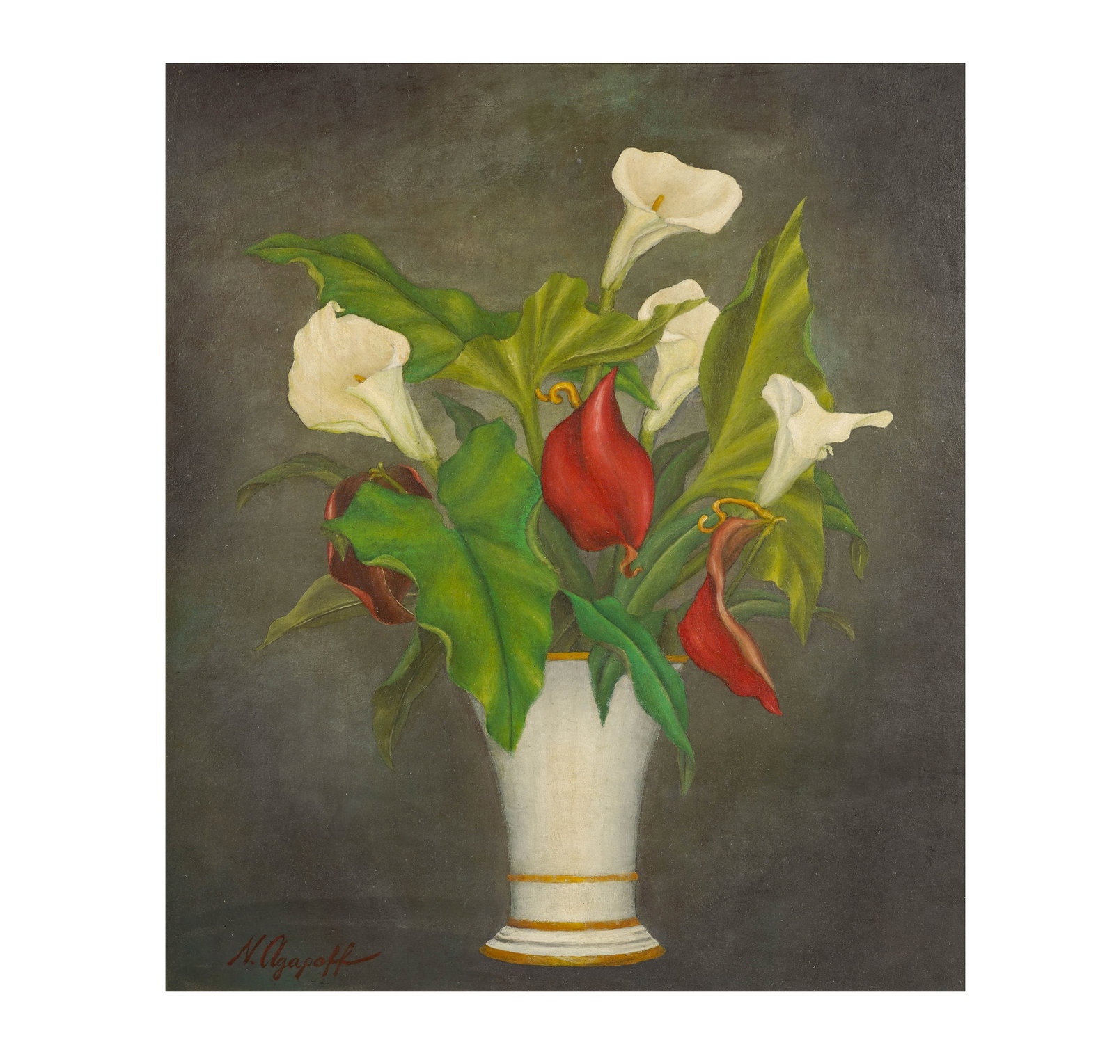 Nicolas Agapoff, Flowers in Vase: oil on Masonite signed to the lower left 22 x 19 1/4 in. (55.9 x 48.9 cm.), Frame: 25 1/4 x 22 1/2 in. (64.1 x 57.2 cm.)