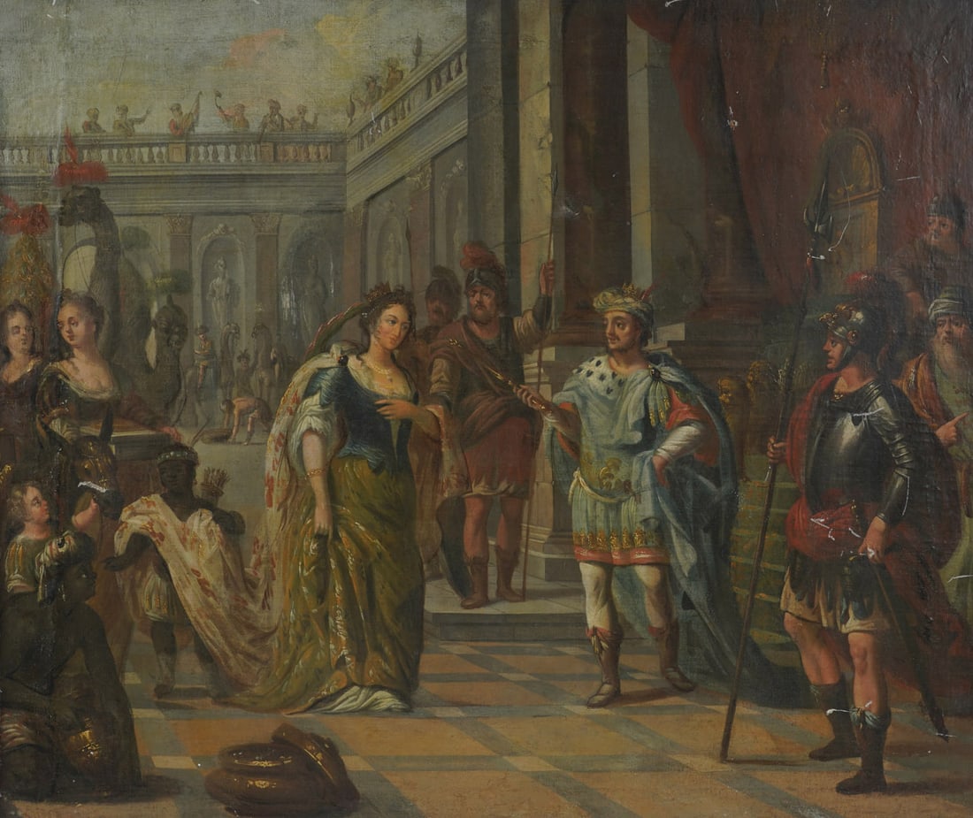 Continental School: Esther et Assuerus: oil on canvas, no visible signature 27 1/4 x 32 1/4 in. (69.2 x 81.9 cm.), Frame: 38 x 43 in. (96.5 x 109.2 cm.)
