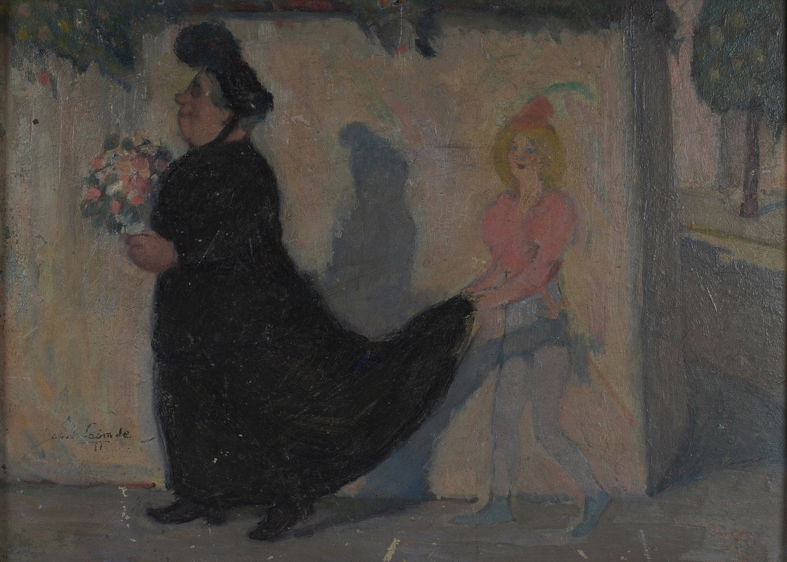 Charles Laborde, 1886-1941, La veuve au bouquet de fleurs: oil on artist board signed to the lower left 9 1/4 x 12 1/2 in. (23.5 x 31.8 cm.), Frame: 10 3/4 x 14 in. (27.3 x 35.6 cm.)