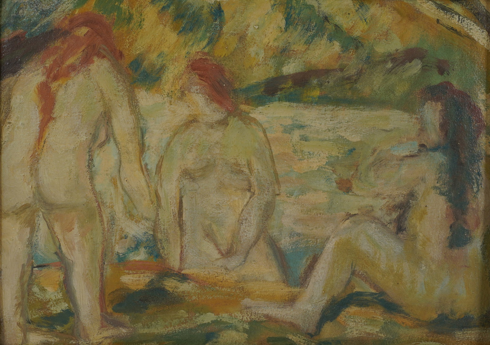 Emile Bernard, French 1868-1941, A Study of Three Nudes Bathing: oil on artist board unsigned, with gallery label on verso identifying the artist Panel: 10 x 13 1/4 in. (25.4 x 33.7 cm.), Frame: 14 1/2 x 18 in. (36.8 x 45.7 cm.)