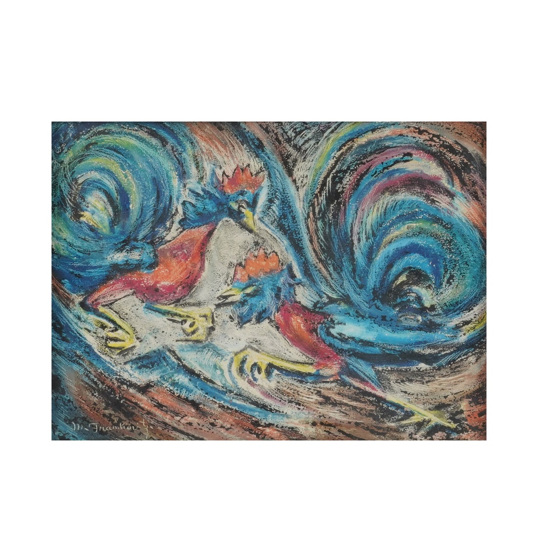 Myrtle Frankovitz, Cock Fight: cassian and encaustic Signed to the lower left, Panel: 9 1/4 x 12 1/4 in. (23.5 x 31.1 cm.), Frame: 17 x 20 in. (43.2 x 50.8 cm.)