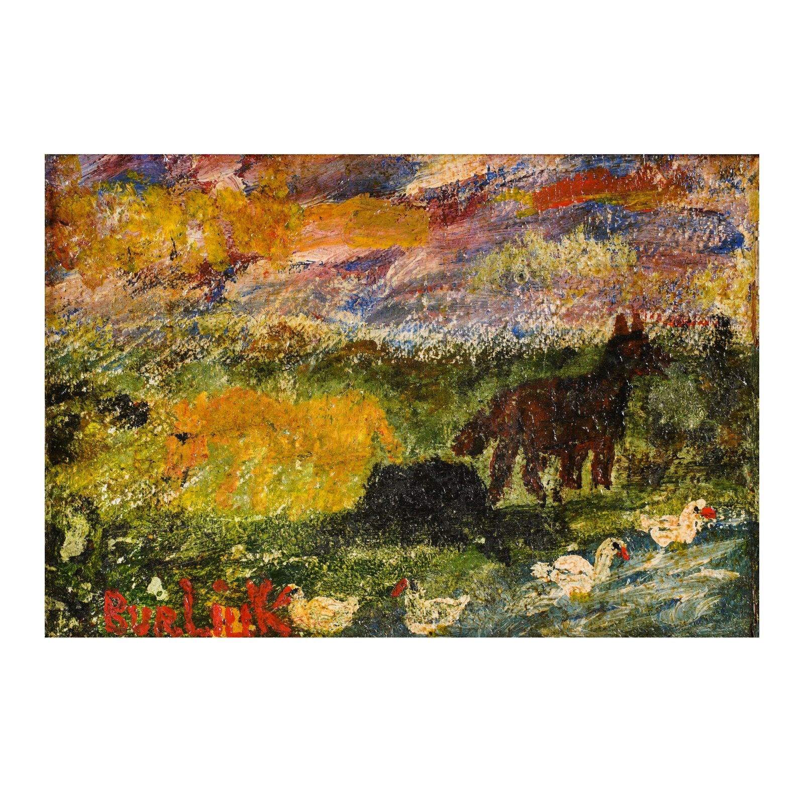 David Burliuk, 1882-1967, Landscape with Animals: oil on board signed to the lower right 6 3/4 x 9 1/2 in. (17.1 x 24.1 cm.), Frame: 9 x 11 3/4 in. (22.9 x 29.8 cm.)