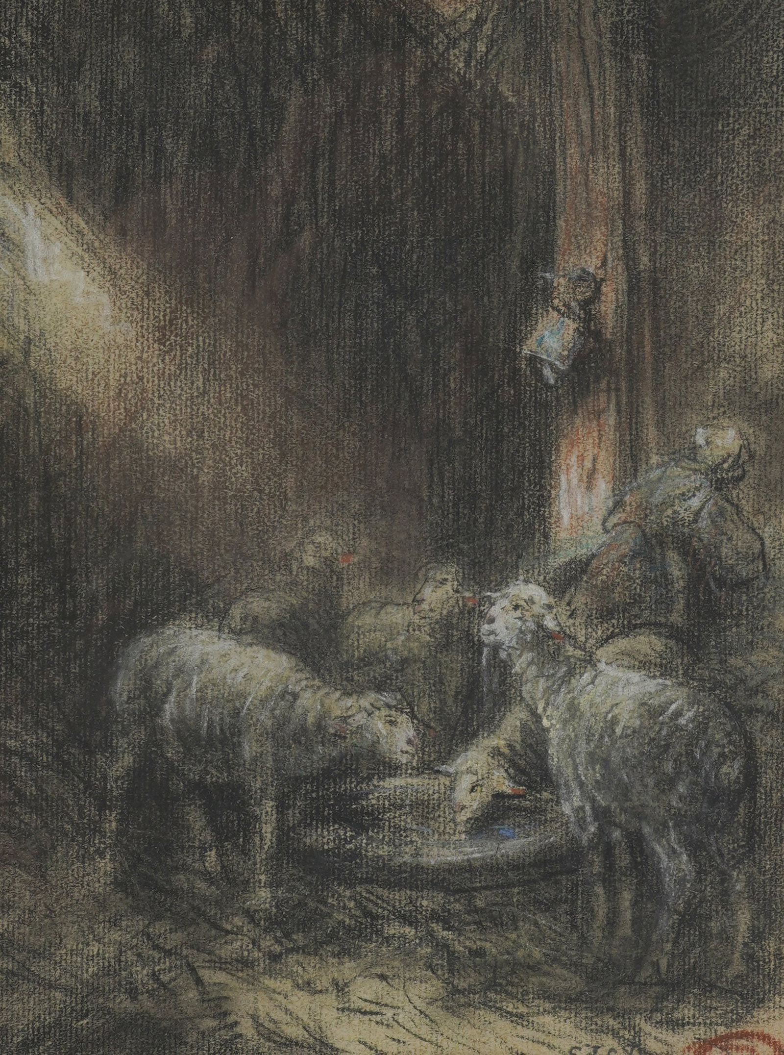 Charles Jacque, 1813-1894, Sheep Drinking Water: Charcoal and pastel on paper signed lower right Sight: 9 x 7 in. (22.9 x 17.8 cm.), Frame: 15 1/4 x 11 3/4 in. (38.7 x 29.8 cm.)